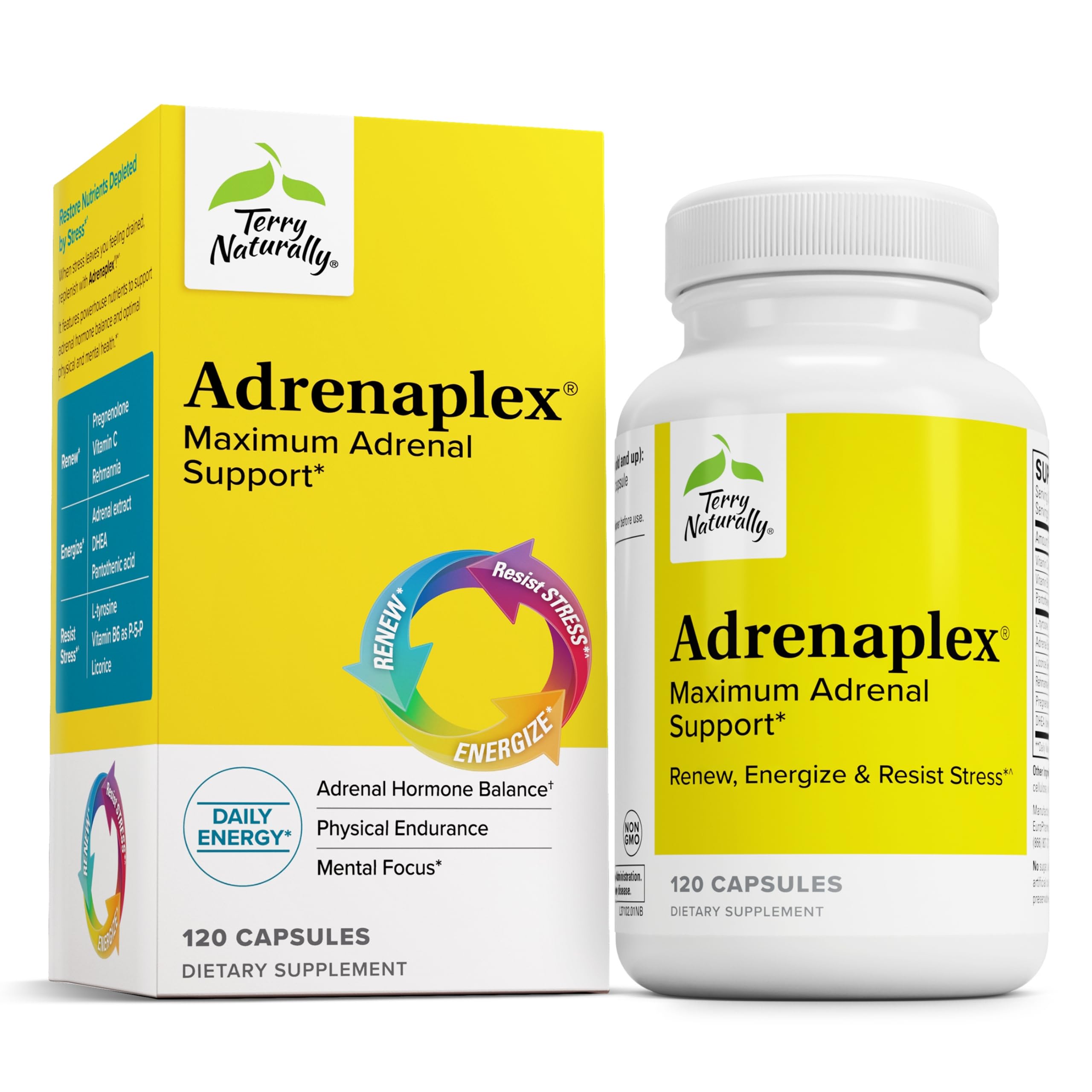 Terry Naturally Adrenaplex: botella de capsulas para apoyo suprarrenal y energia diaria