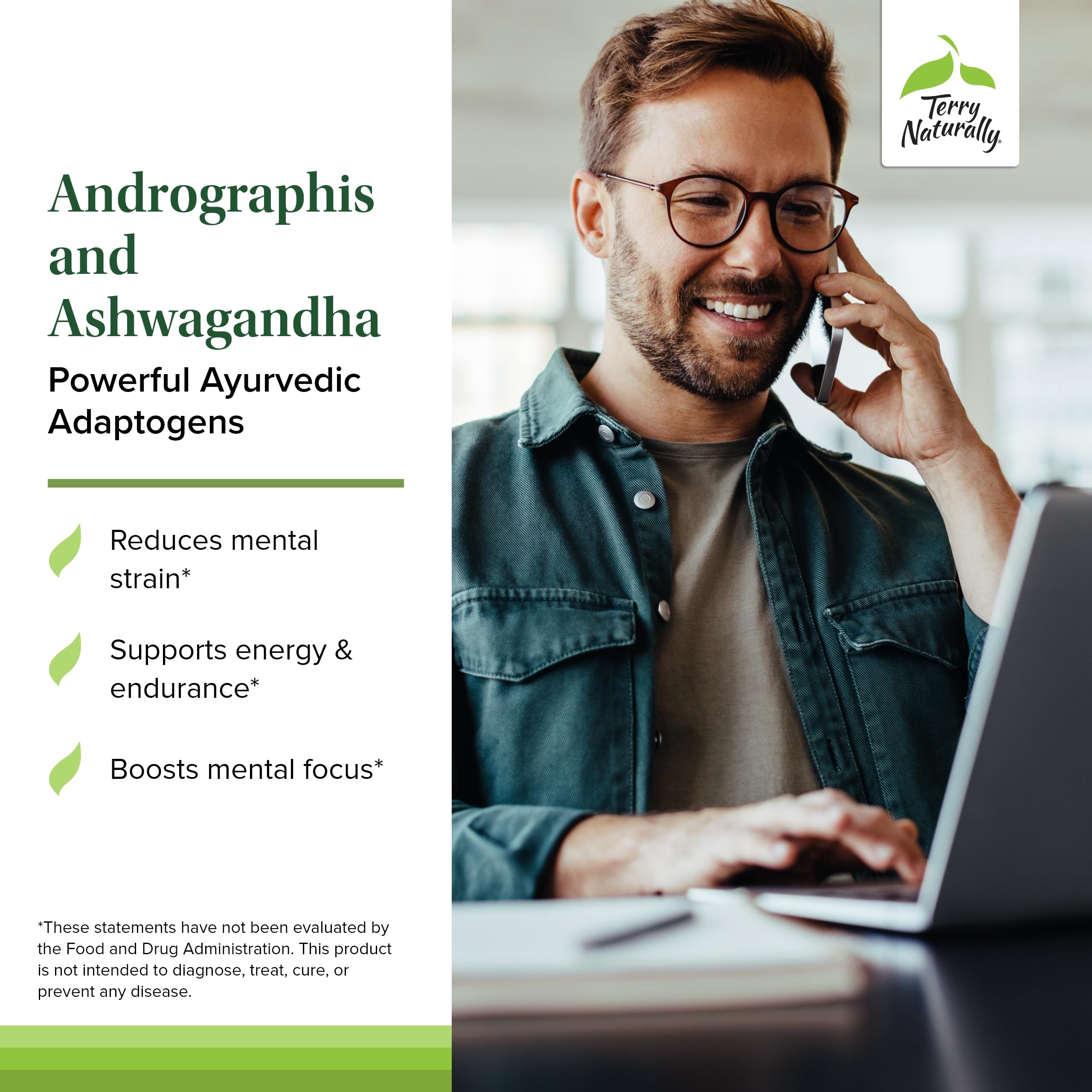 Terry Naturally Andrographis y Ashwagandha, cápsulas de uso diario, apoyo a la respuesta diaria.