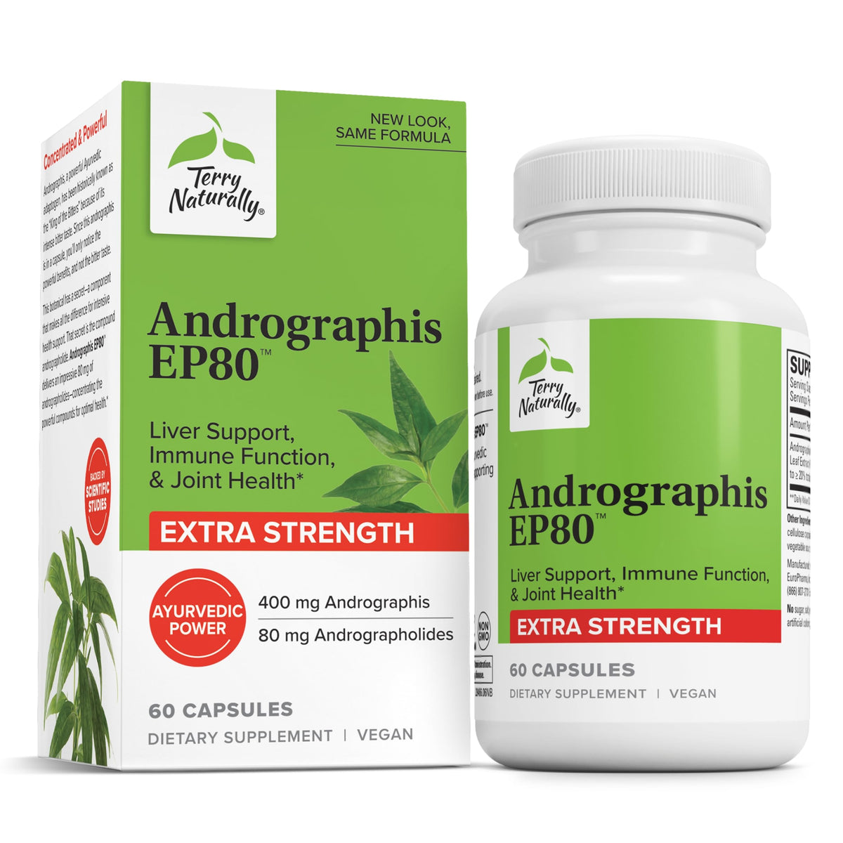 Terry Naturally Andrographis EP80, cápsulas en bote, posible apoyo a hígado e inmunidad.