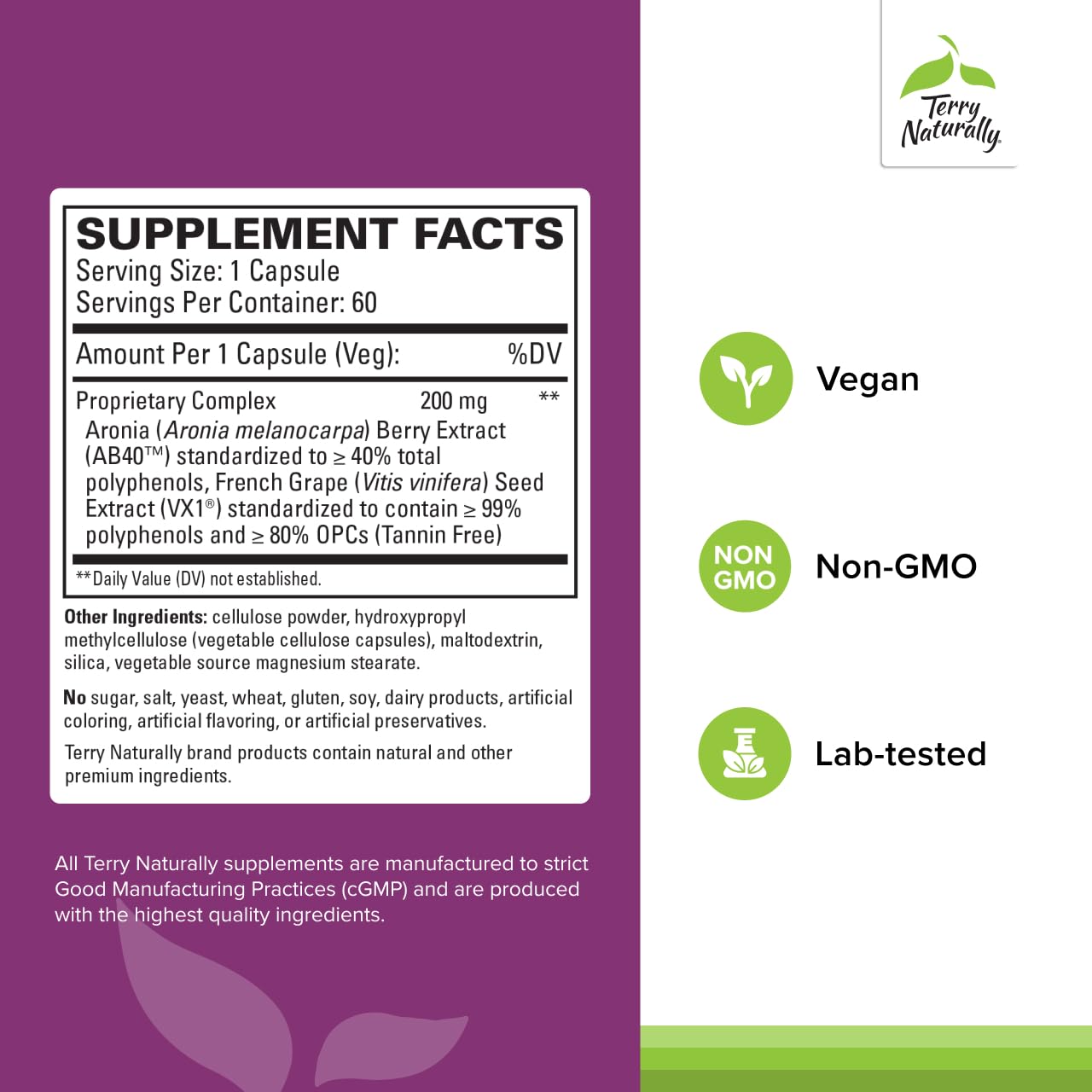Etiqueta de Terry Naturally Aronia Berry Complex con información de ingredientes clave.