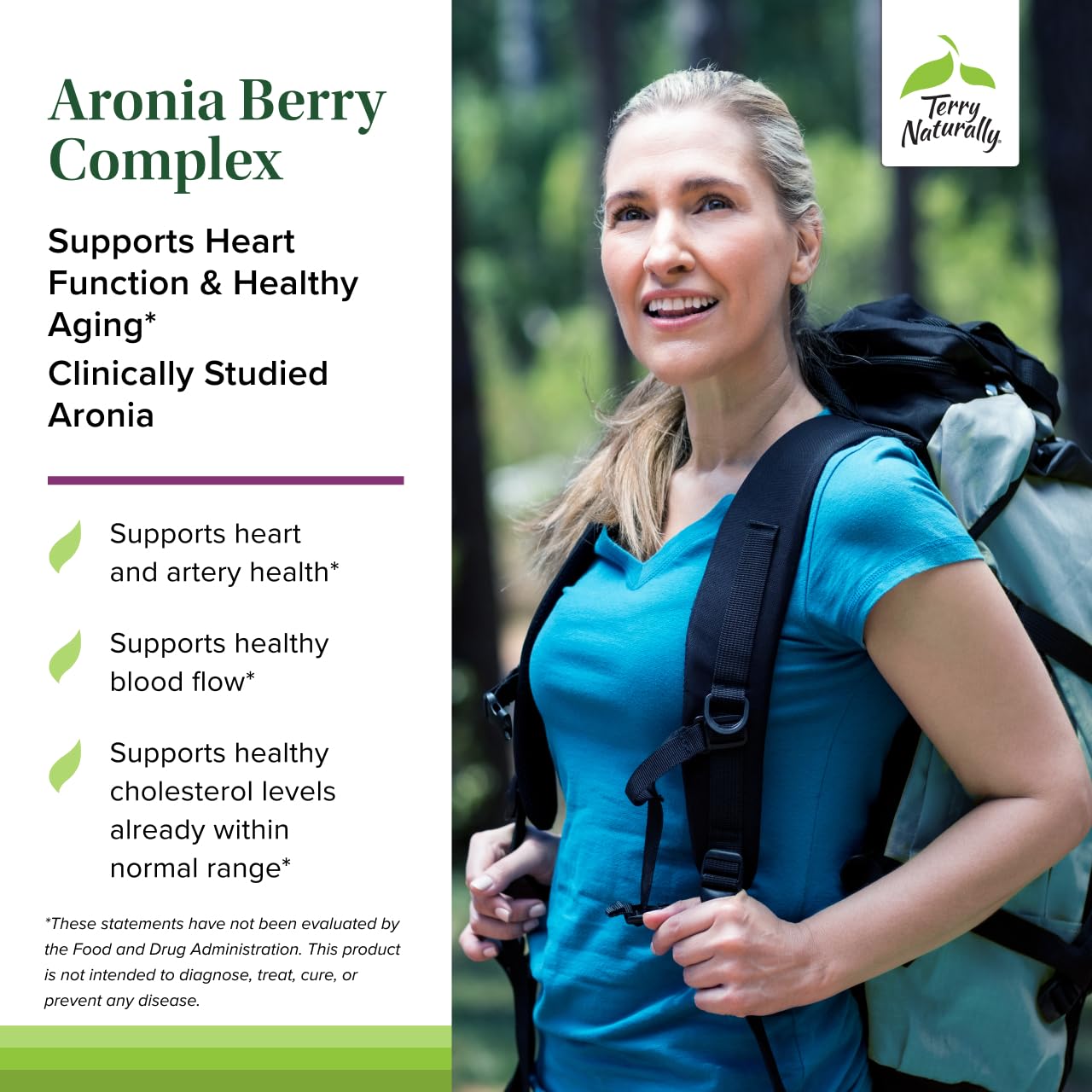 Frutos de aronia visibles y cápsulas, destacando su perfil antioxidante.