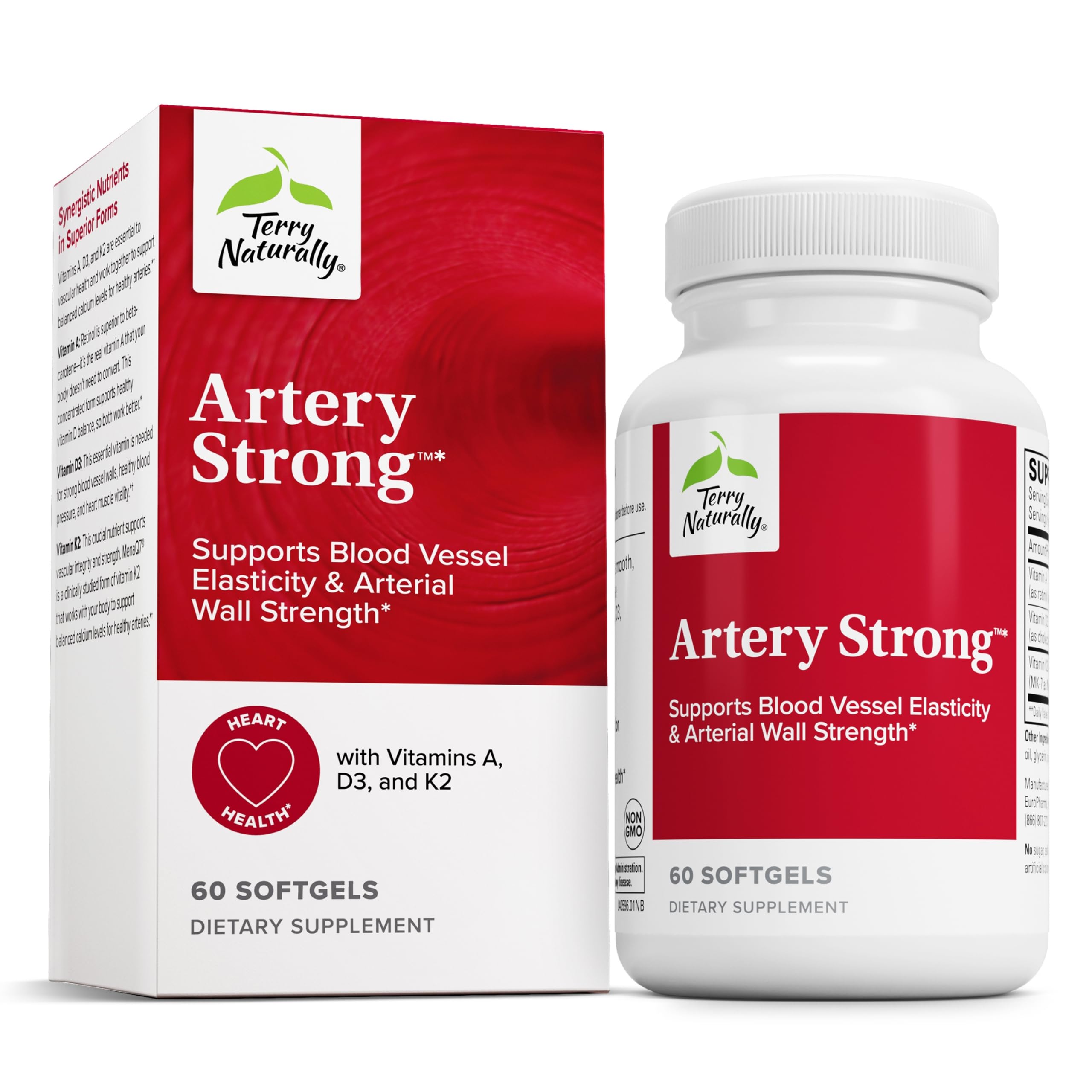 Terry Naturally Artery Strong, etiqueta frontal de la botella, favorece la salud cardiovascular.
