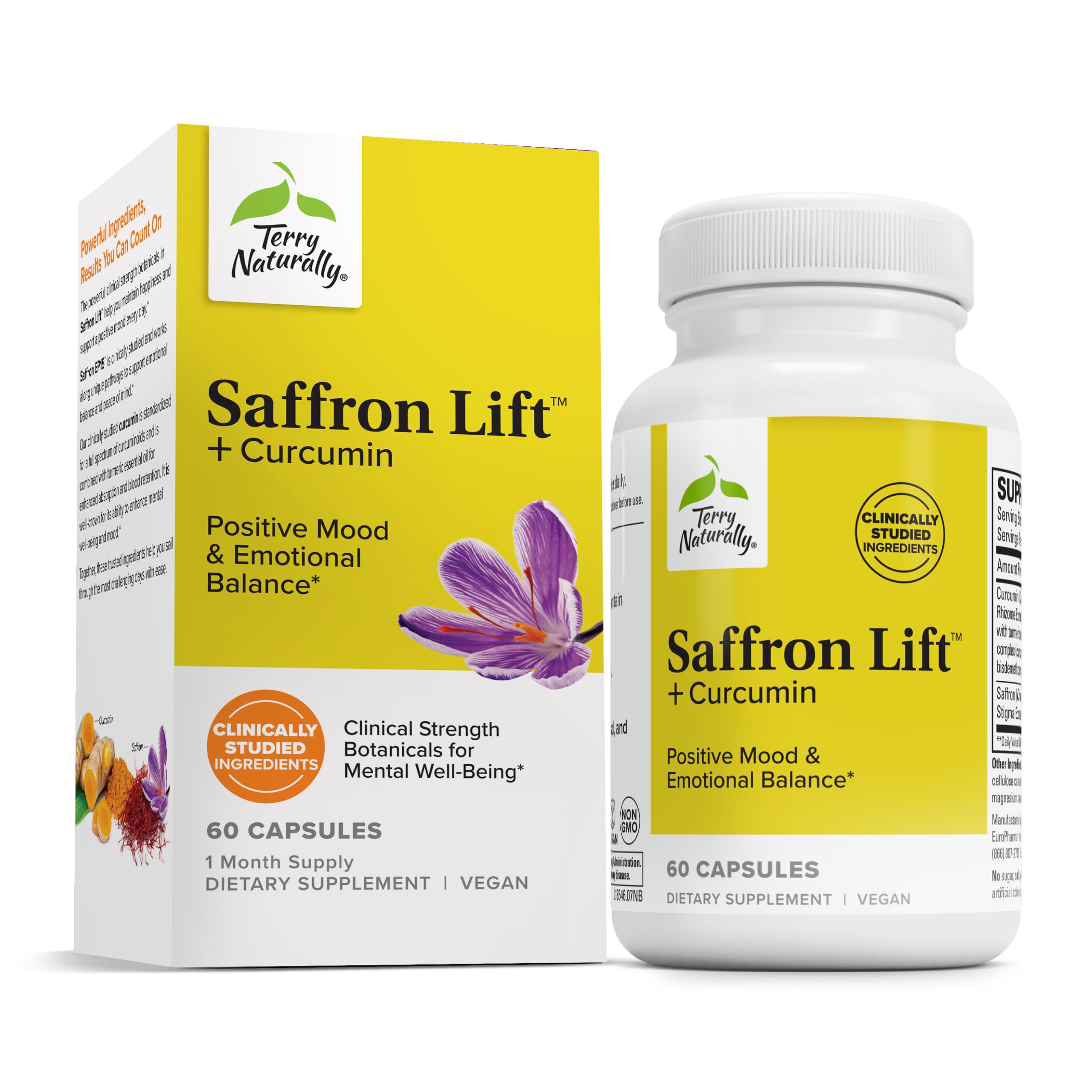 Terry Naturally Saffron Lift + Curcumina: frasco visible para enfoque diario y bienestar.