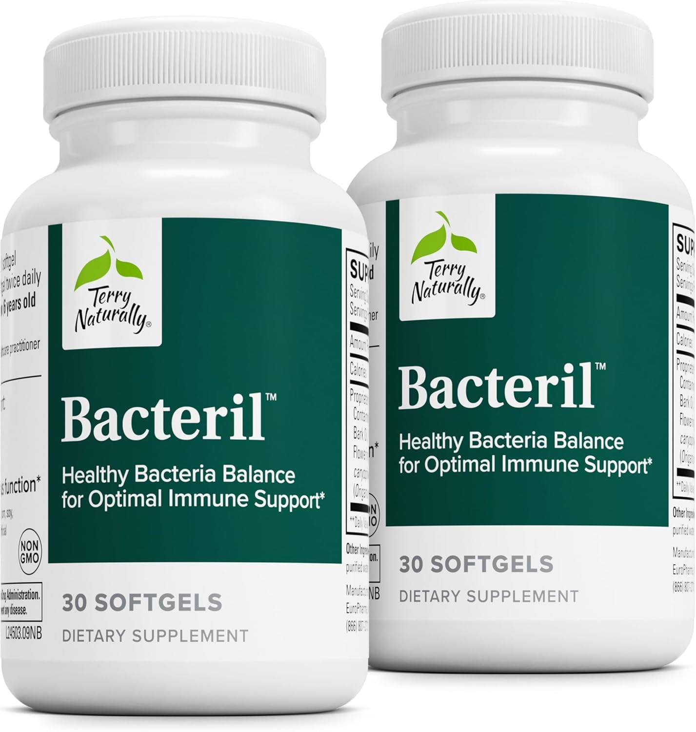 Terry Naturally Bacteril: botella de cápsulas suaves para apoyo intestinal diario.