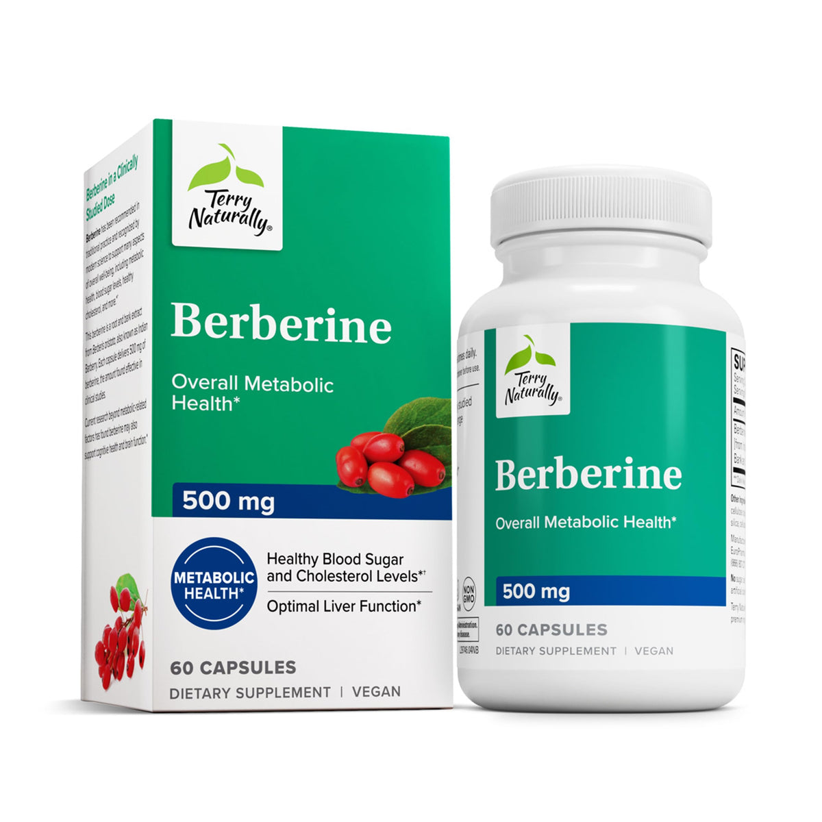 Terry Naturally Berberine en botella de cápsulas, para apoyo metabólico diario.