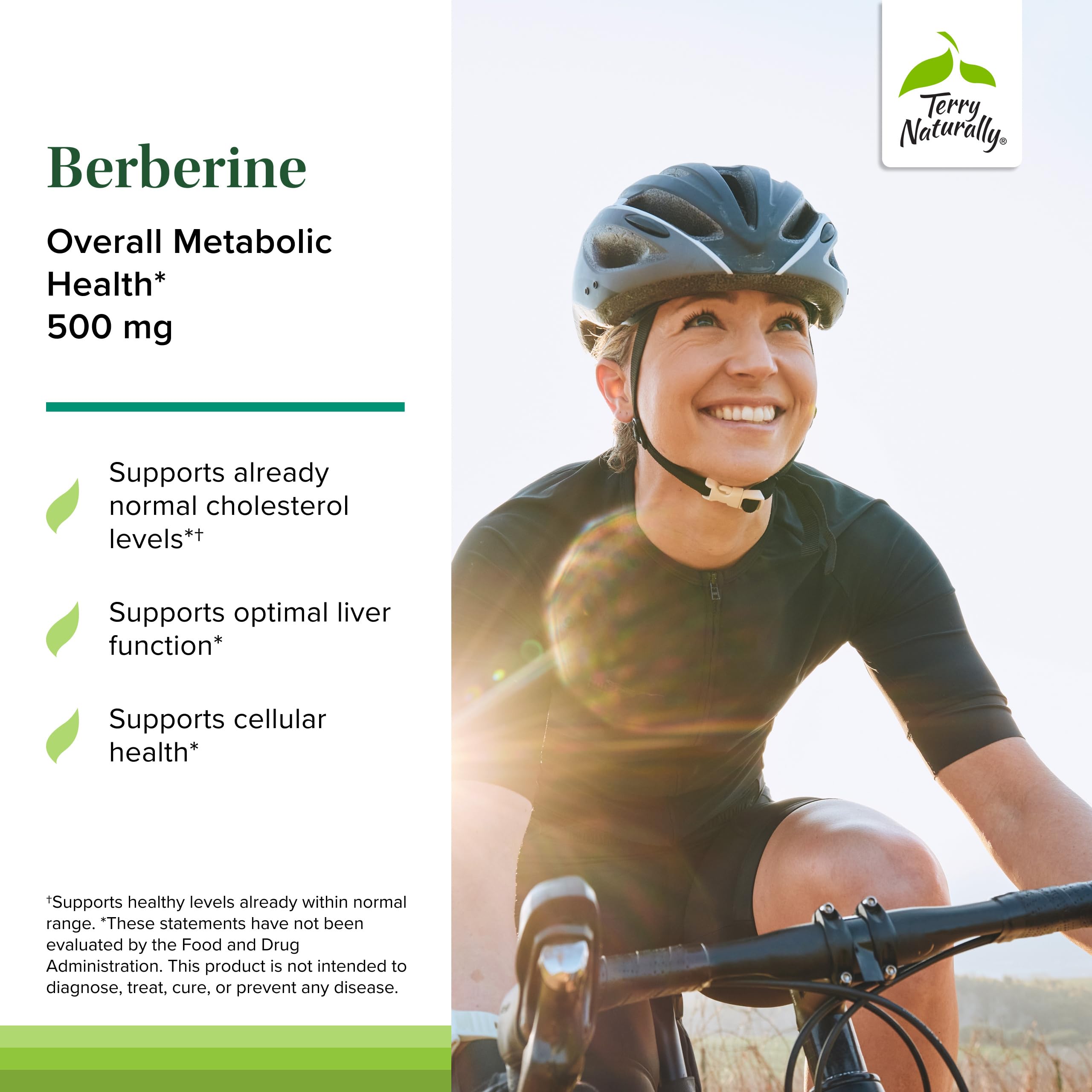 Terry Naturally Berberine cápsulas en la mano, dosis diaria fácil para metas de bienestar.