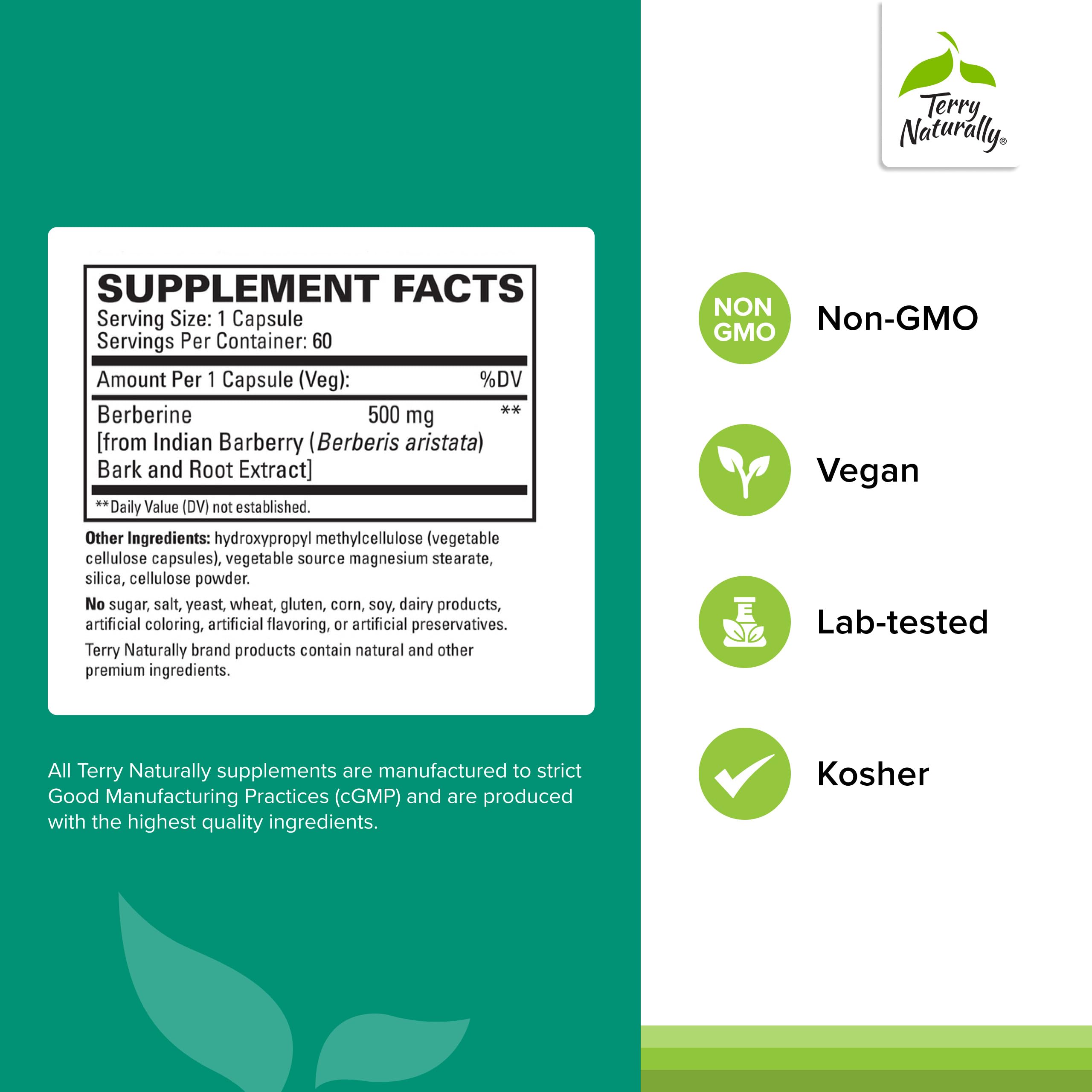 Terry Naturally Berberine etiqueta frontal, facilita reconocer producto para bienestar diario.