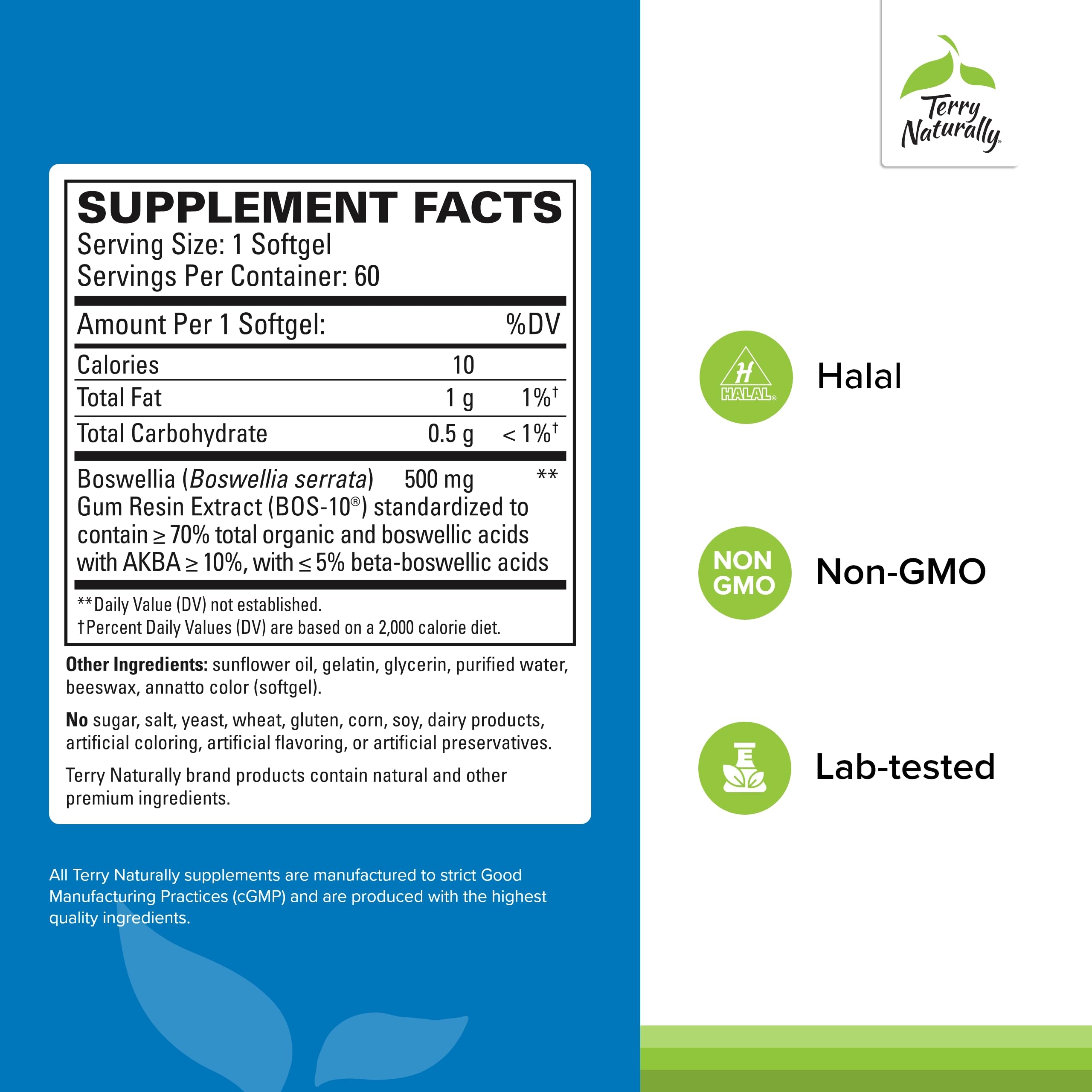 Terry Naturally BosMed 500: etiqueta informativa que resalta ingredientes y beneficio potencial
