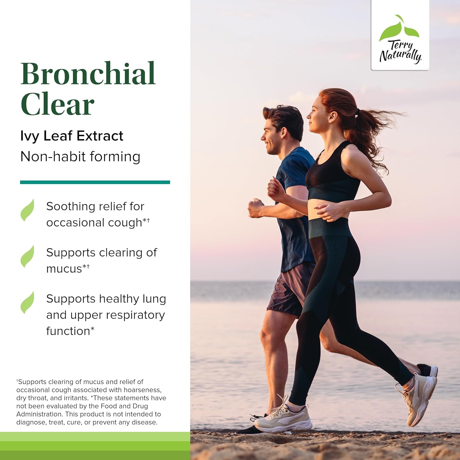 Terry Naturally Bronchial Clear, botella con extracto de hoja de hiedra para salud respiratoria.
