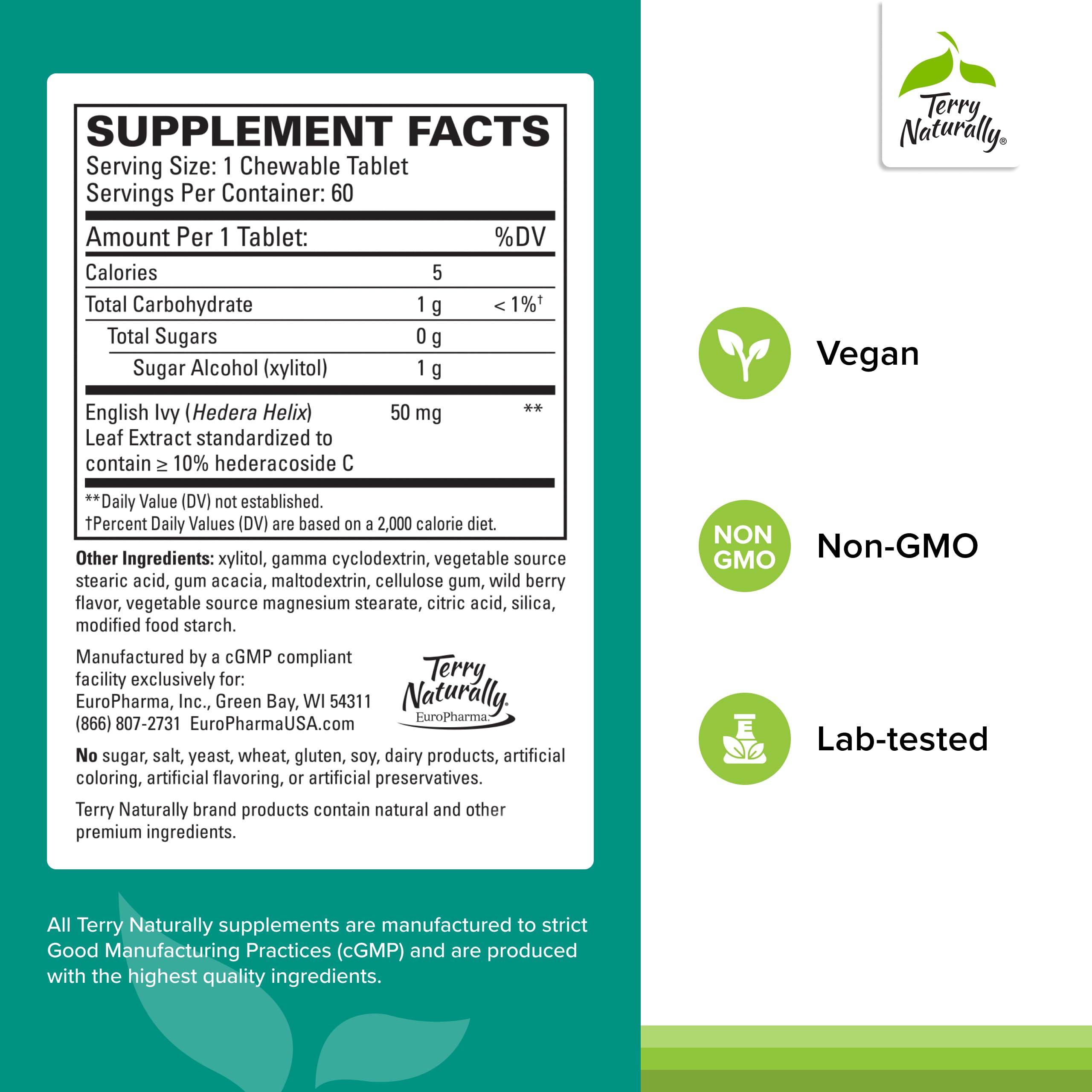 Terry Naturally Bronchial Clear, tabletas masticables en mano para consumo diario.