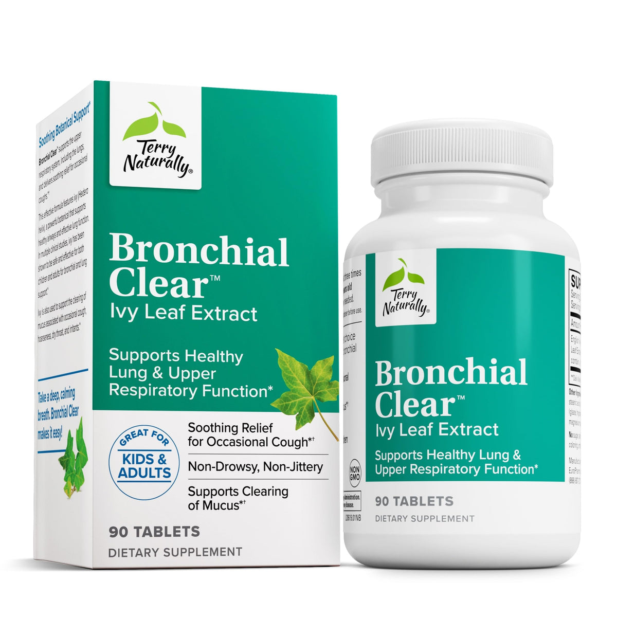 Botella de Terry Naturally Bronquial Clear con tabletas para apoyar bronquios y pulmones.