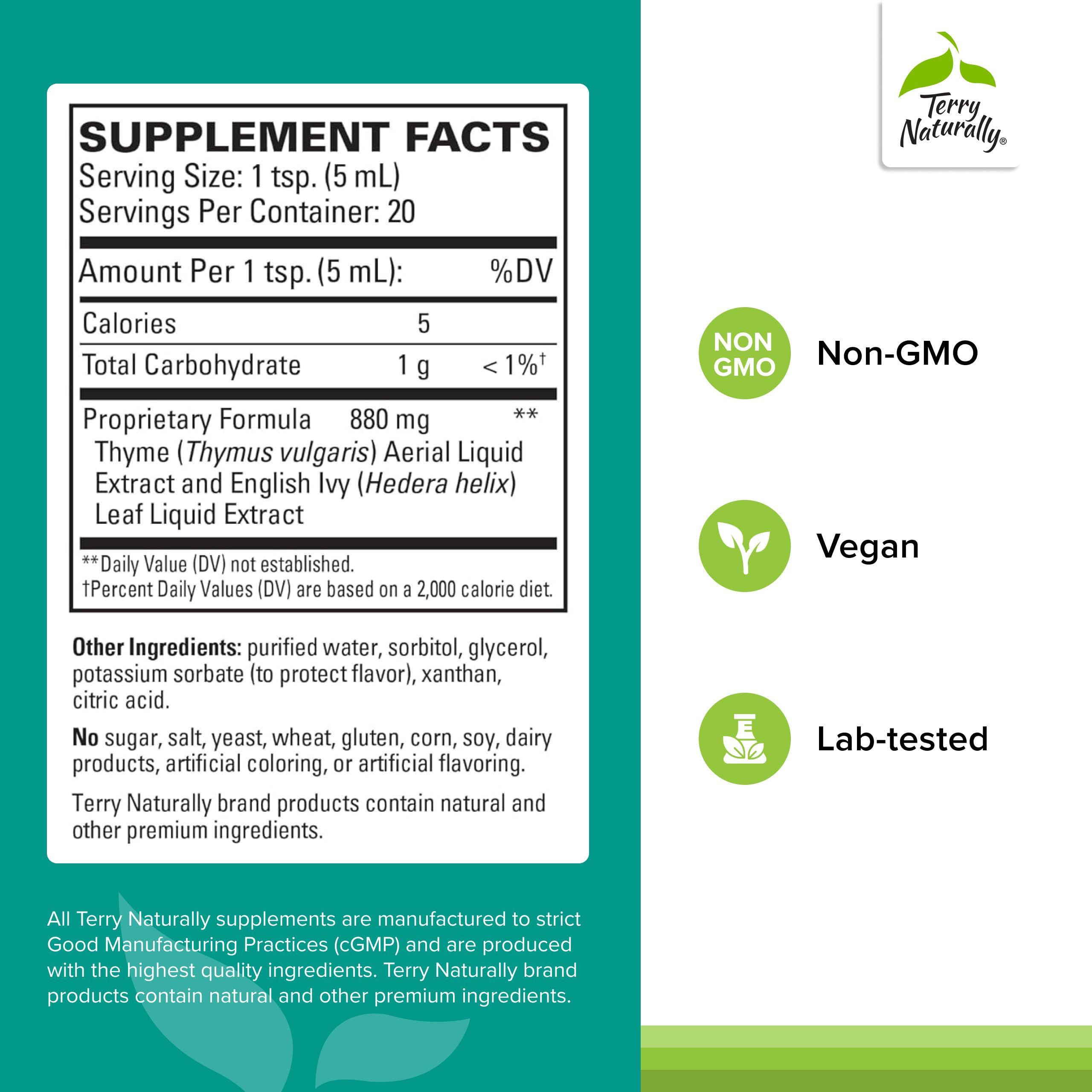 Terry Naturally Bronquial Clear: dosis de adulto para apoyo diario de la salud respiratoria.