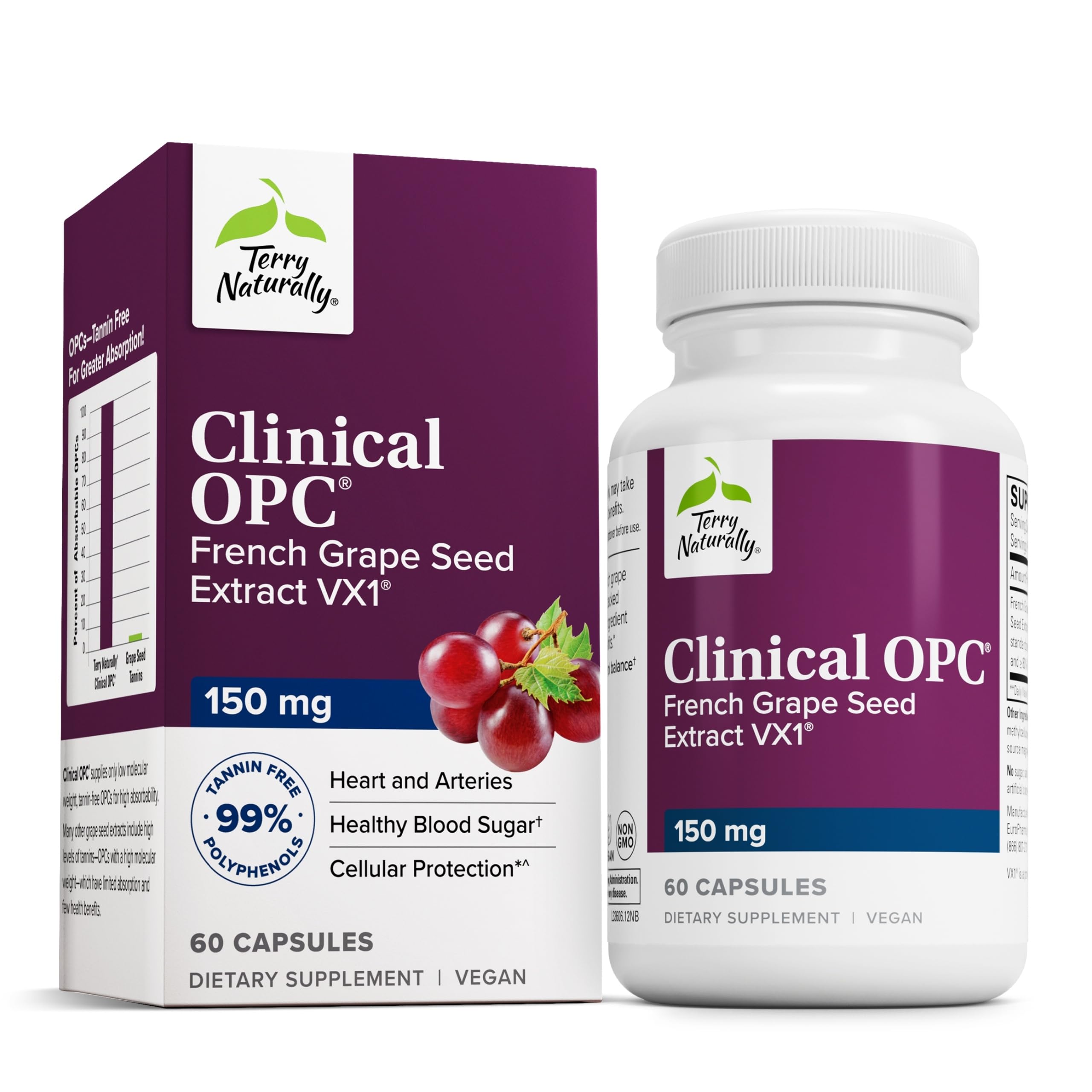 Terry Naturally Clinical OPC, botella frontal, apoyo cardiovascular y claridad mental.