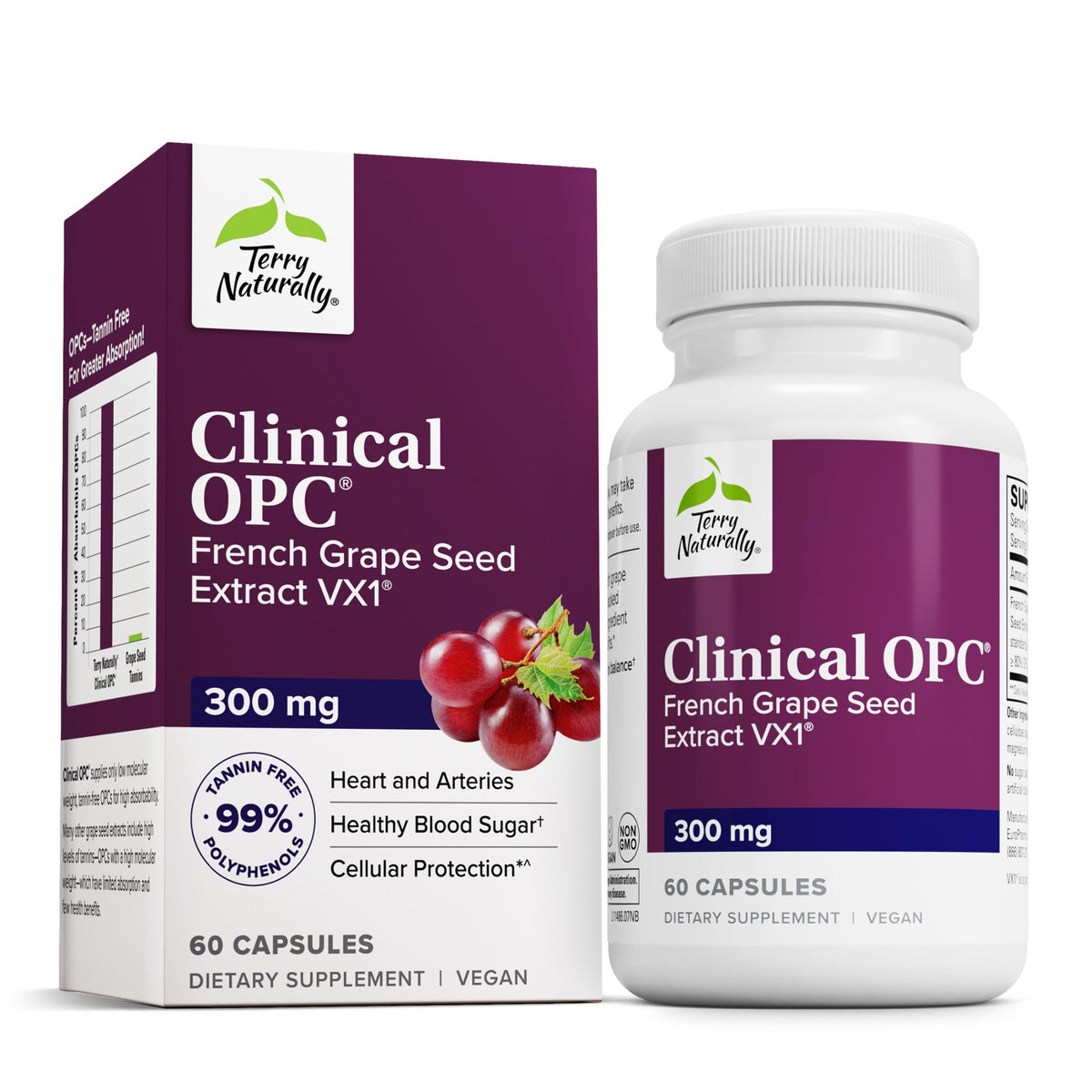 Terry Naturally Clinical OPC: botella con cápsulas para soporte cardiovascular.