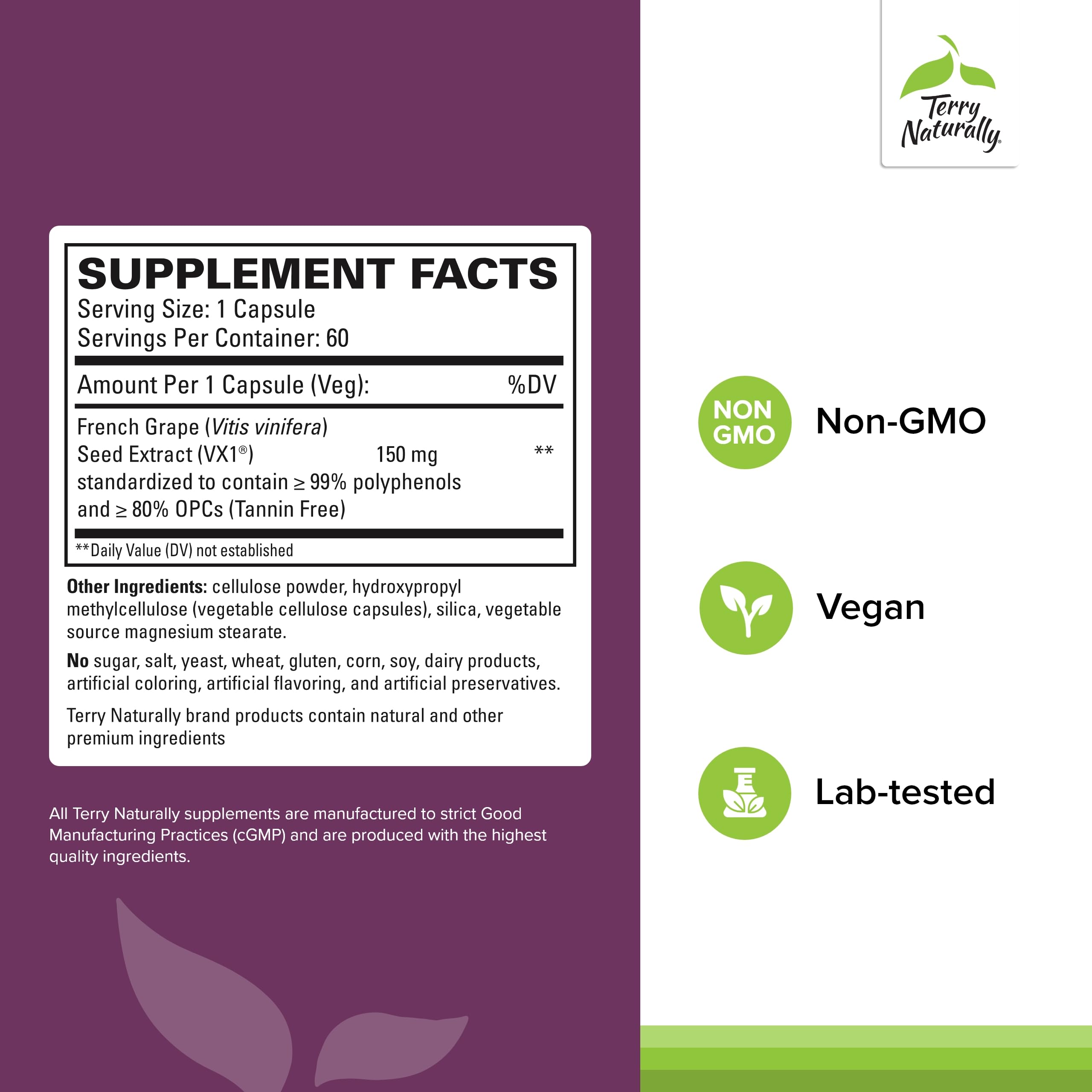 Terry Naturally Clinical OPC: etiqueta clara con ingredientes y beneficios.
