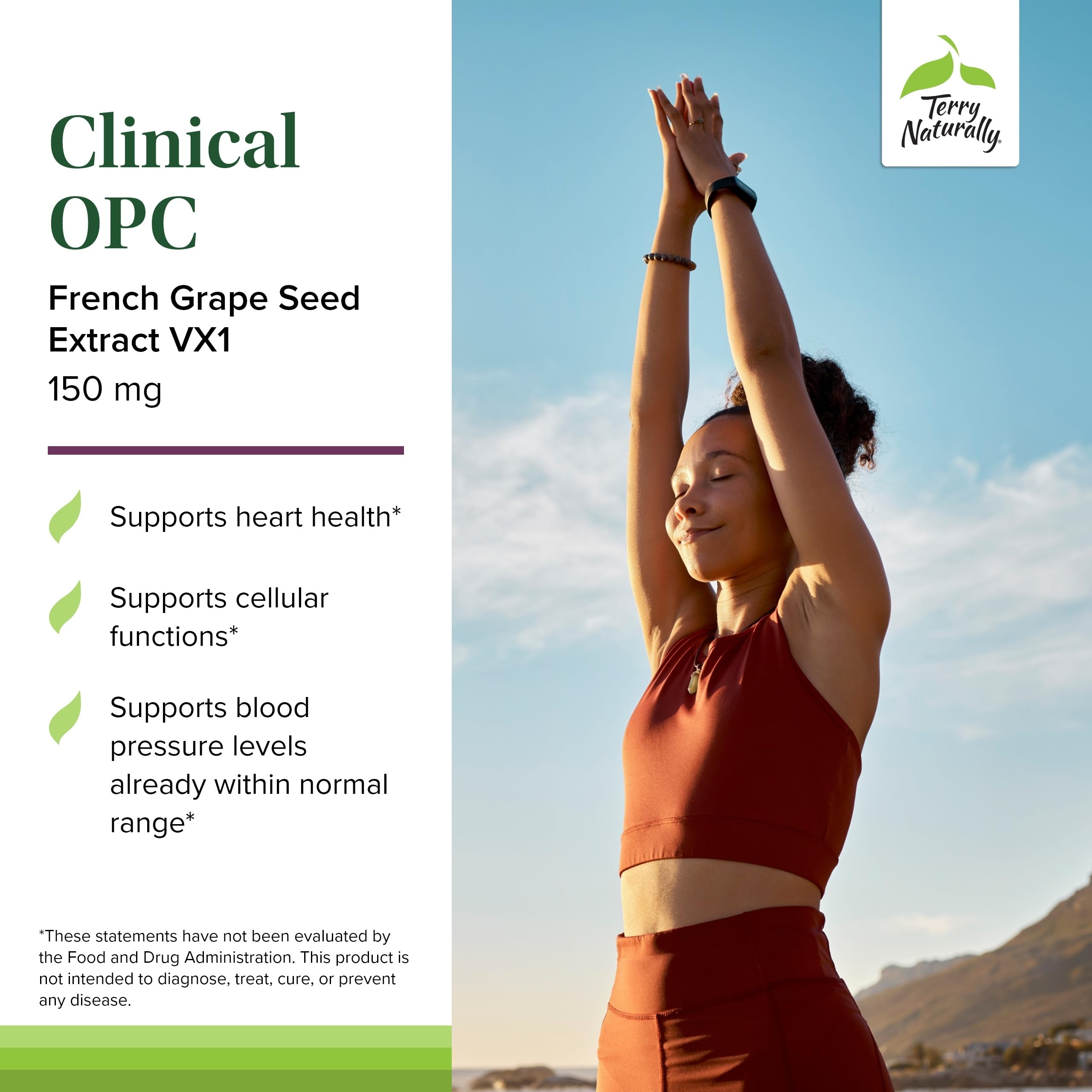 Terry Naturally Clinical OPC, extracto de semilla de uva, potencia antioxidante para la salud vascular.