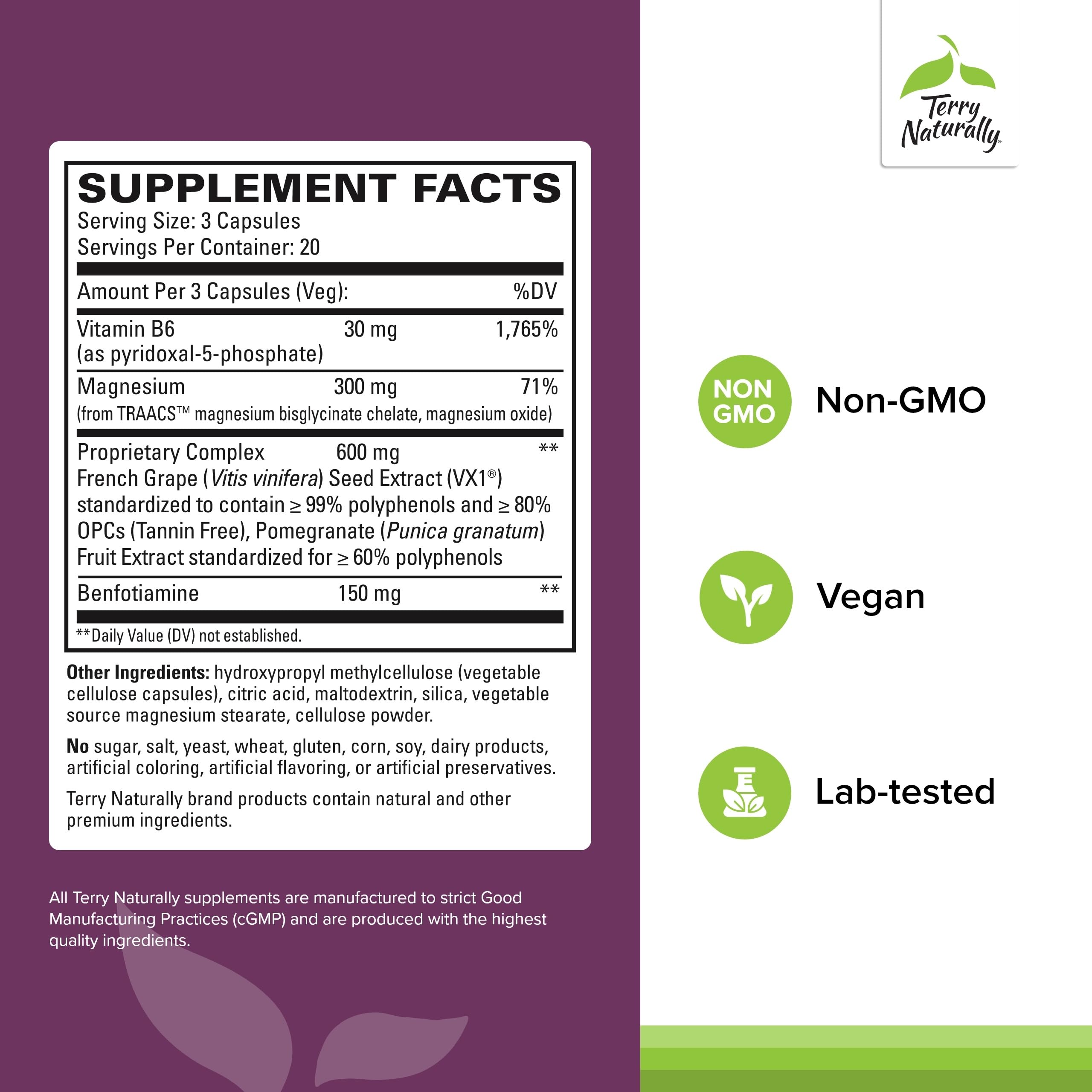 Etiqueta de Terry Naturally Clinical OPC Heart con información clara del producto.
