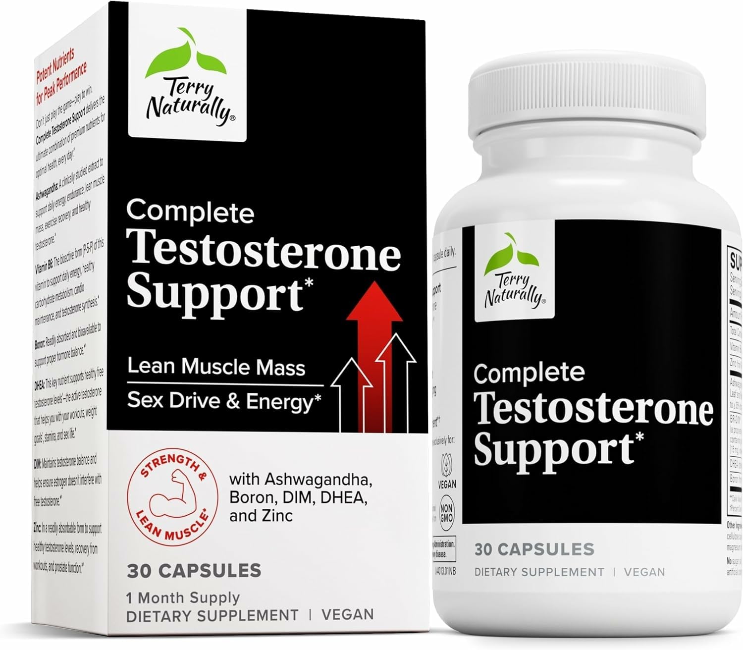 Terry Naturally Complete Testosterone Support, botella visible, apoyo hormonal práctico y energía diaria.