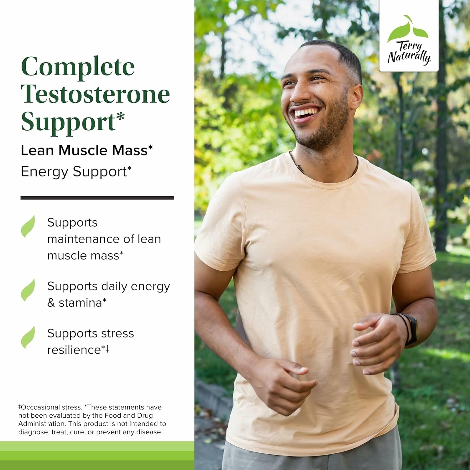 Terry Naturally Complete Testosterone Support, etiqueta frontal clara sugiere enfoque en equilibrio hormonal diario.