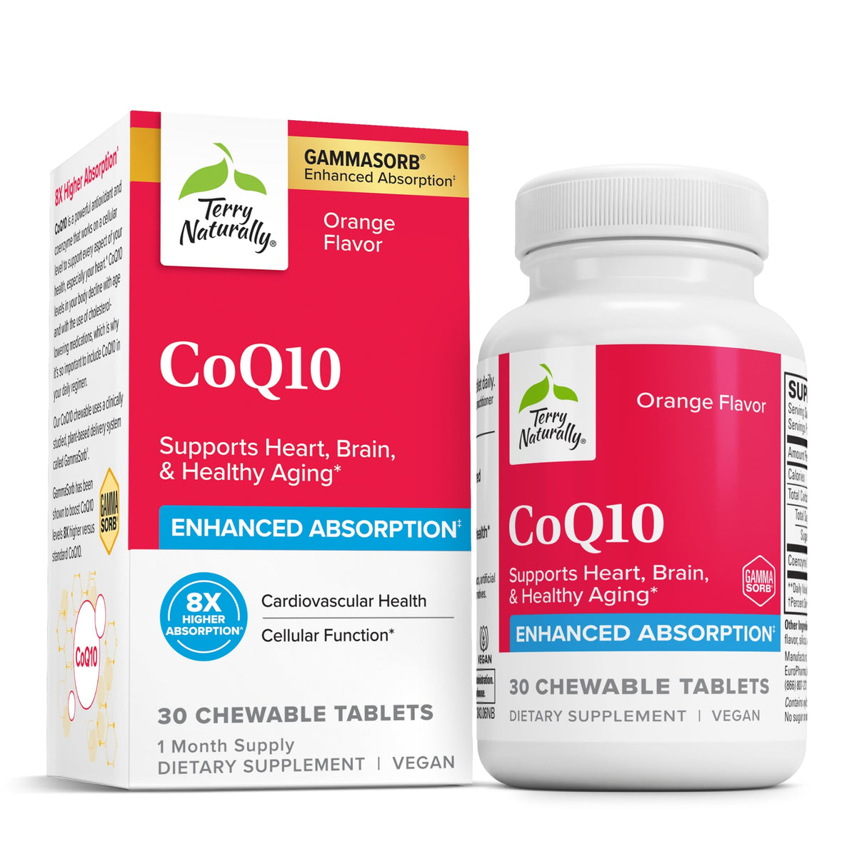 Terry Naturally CoQ10 masticables: botella lista para uso diario y energía celular.