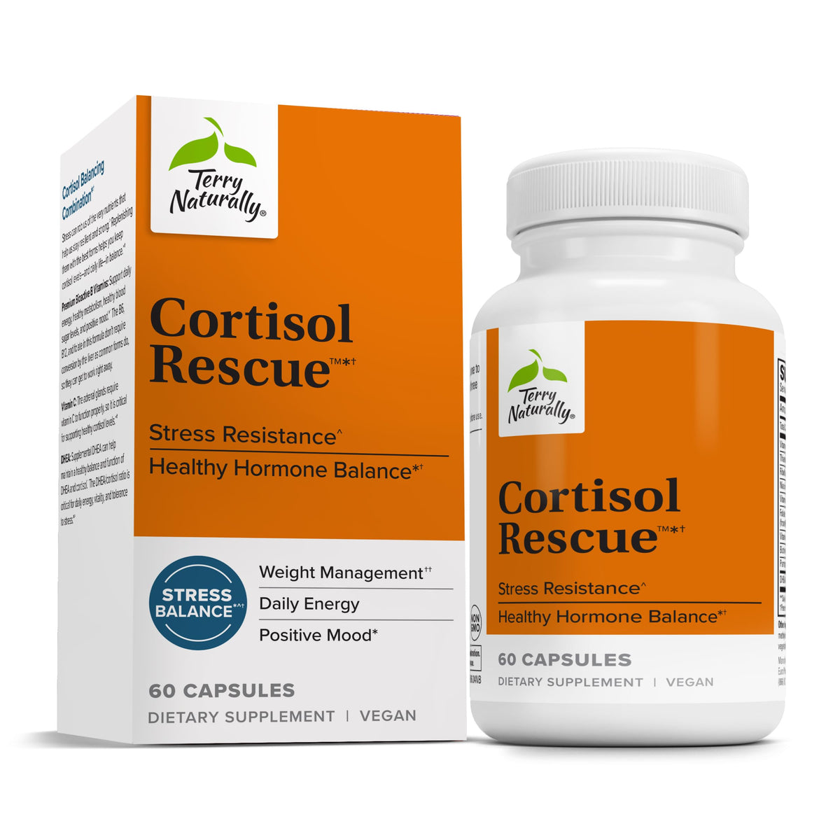 Terry Naturally Cortisol Rescue, botella frontal para entender su formato y uso diario