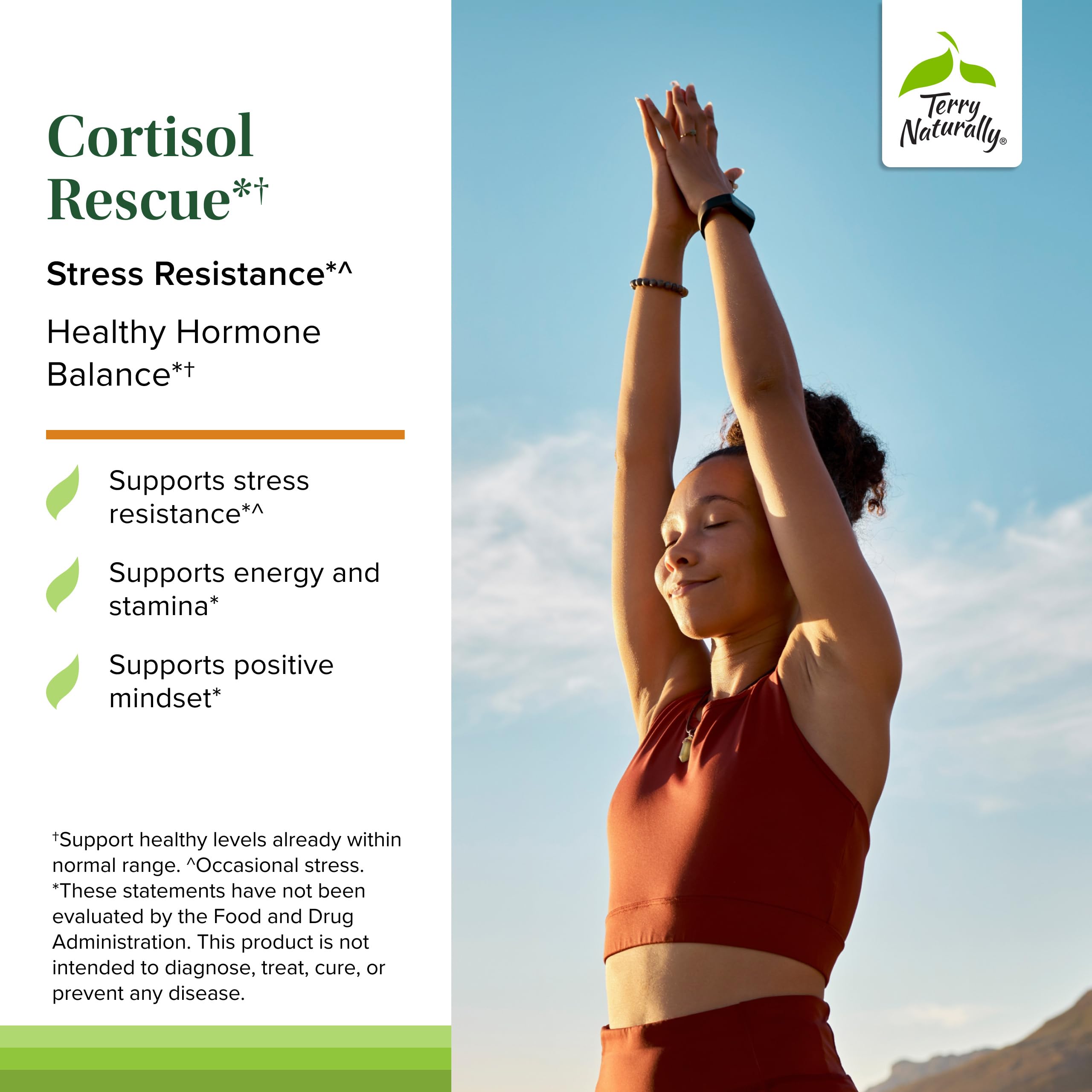 Etiqueta de Terry Naturally Cortisol Rescue con información clave de la fórmula