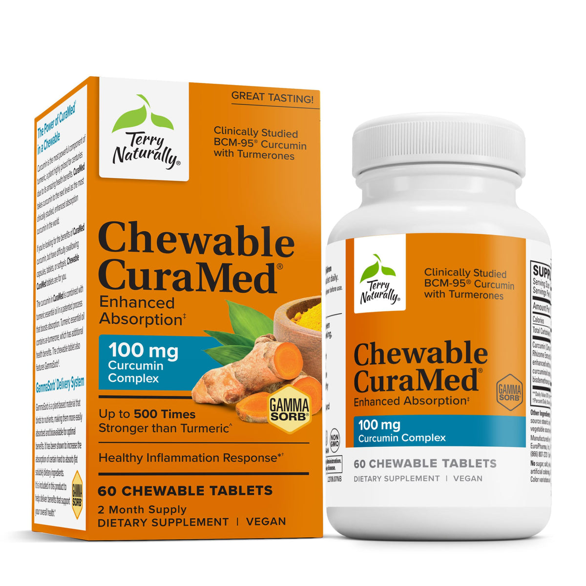 Terry Naturally CuraMed, tabletas masticables de 100 mg para uso diario.