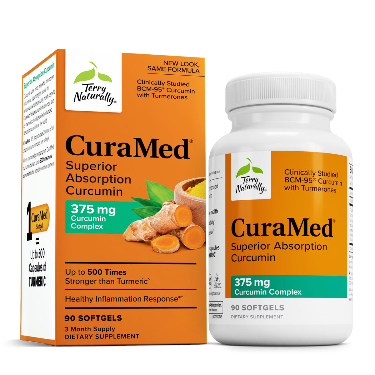 Terry Naturally CuraMed 375 mg, frasco con cápsulas para absorción mejorada.