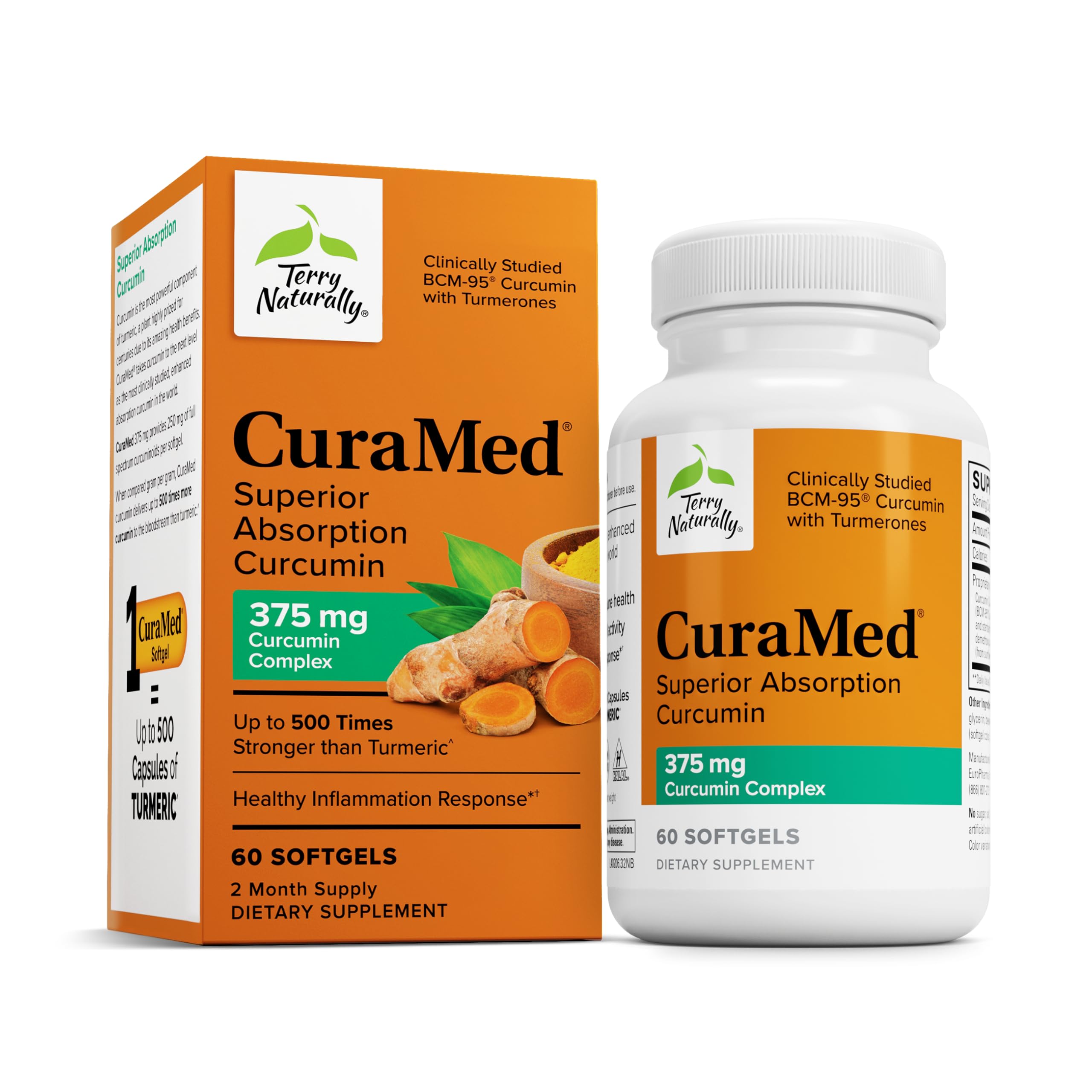 Terry Naturally CuraMed 375mg: botella visible, posible apoyo antioxidante para la salud diaria
