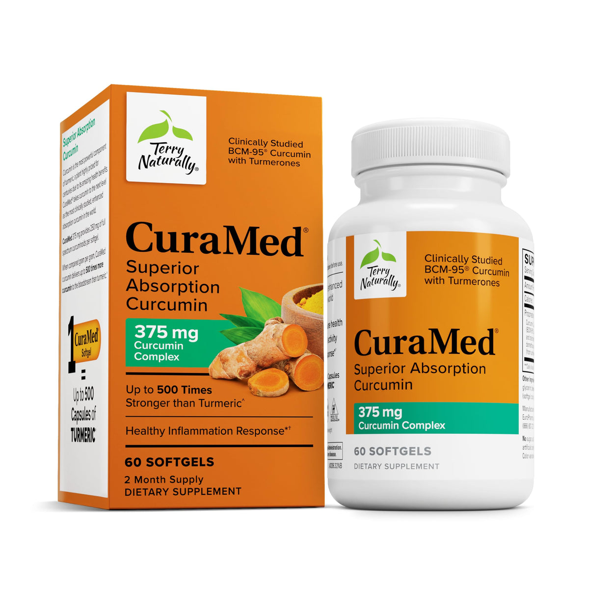 Terry Naturally CuraMed 375mg: botella visible, posible apoyo antioxidante para la salud diaria