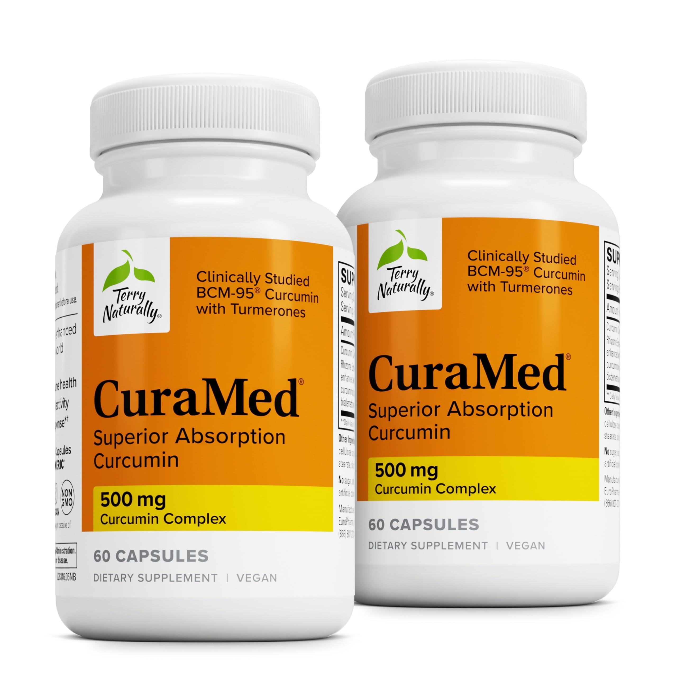 Terry Naturally CuraMed 500 mg: cápsulas en botella frontal, posible apoyo antioxidante para mente y energía.