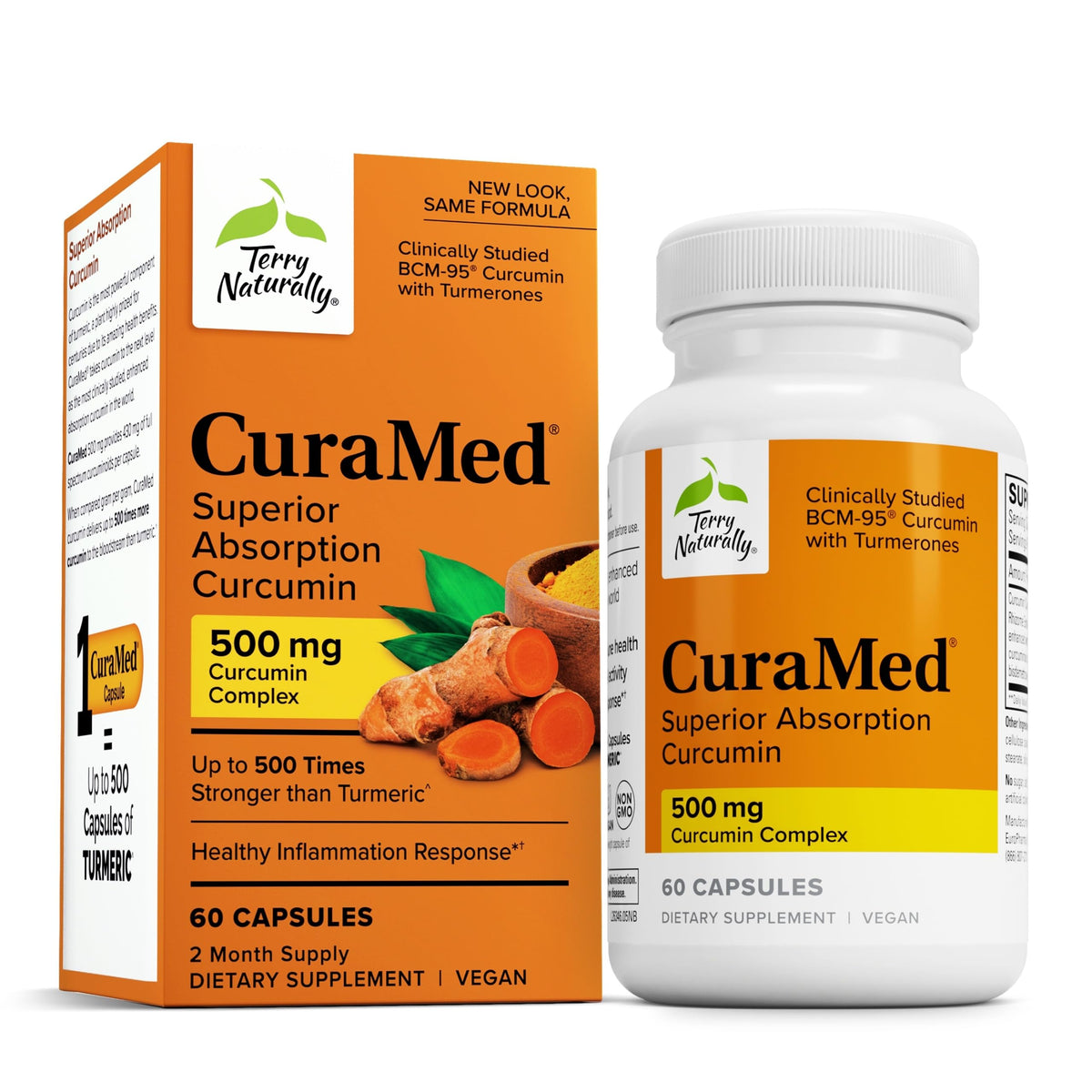 Terry Naturally CuraMed 500 mg, botella frontal para uso diario y apoyo antioxidante.