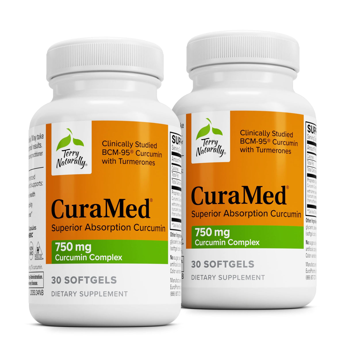 Terry Naturally CuraMed 750 mg, botella visible, apoyo antioxidante para cerebro y corazón.