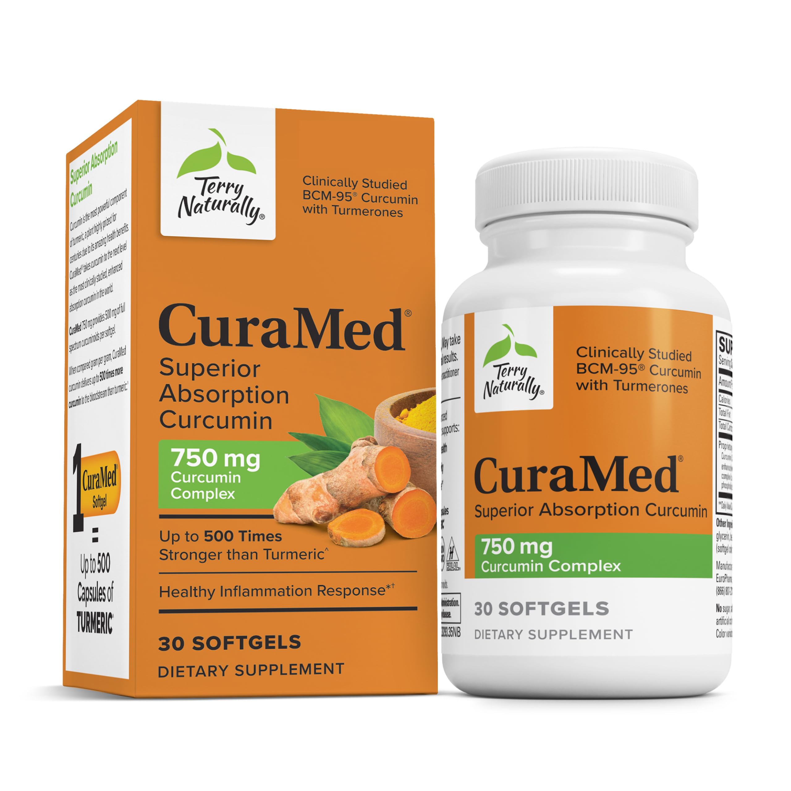 Terry Naturally CuraMed 750 mg en botella, posible apoyo antioxidante diario.