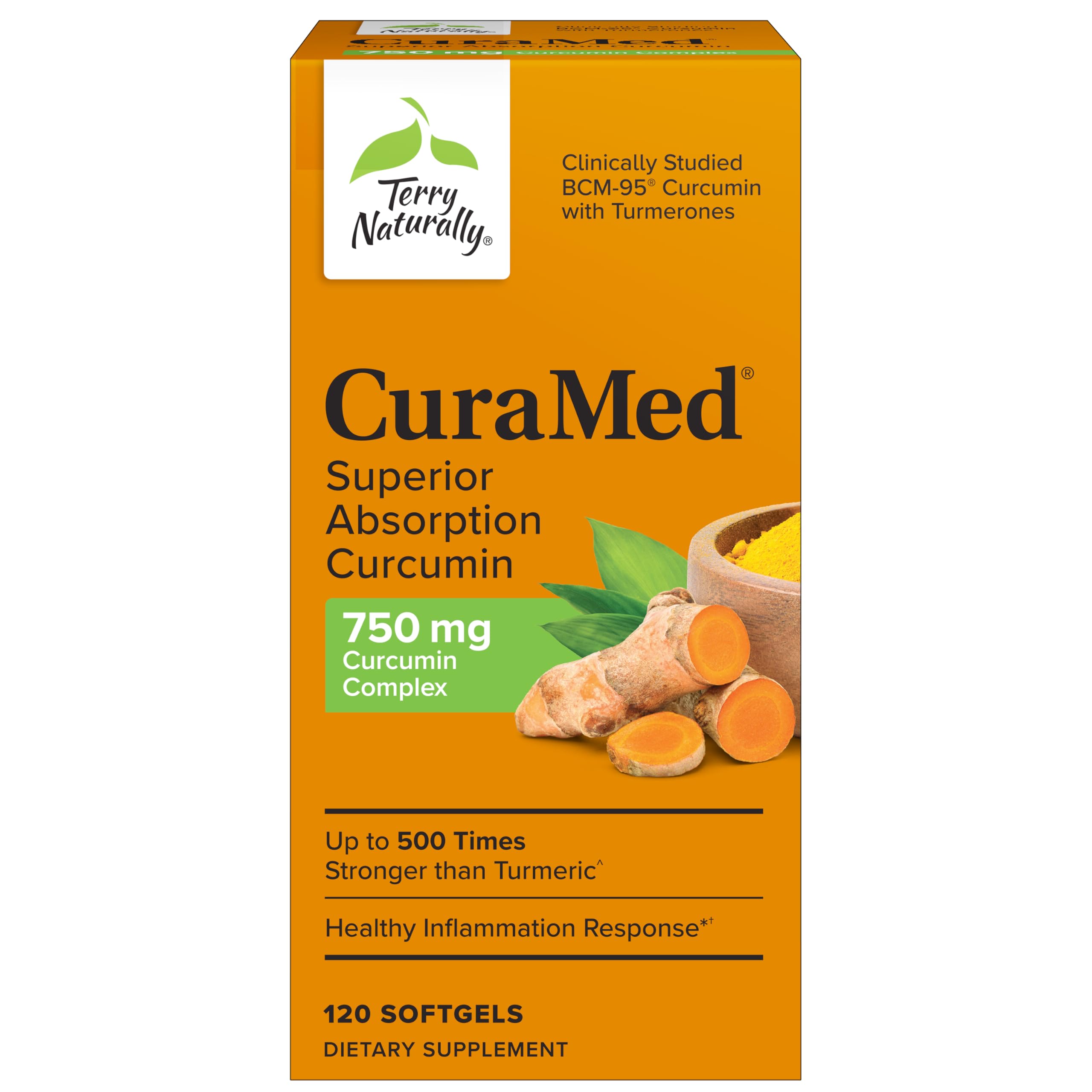 Terry Naturally CuraMed 750 mg caja frontal, empaque de alta potencia de curcuminoides
