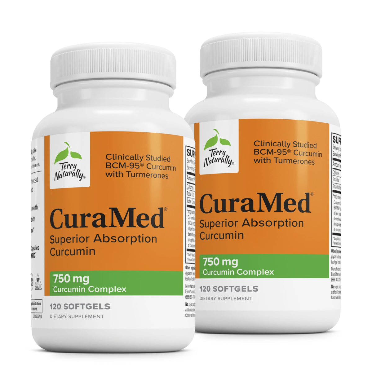 Cápsulas blandas de Terry Naturally CuraMed 750 mg para uso diario.