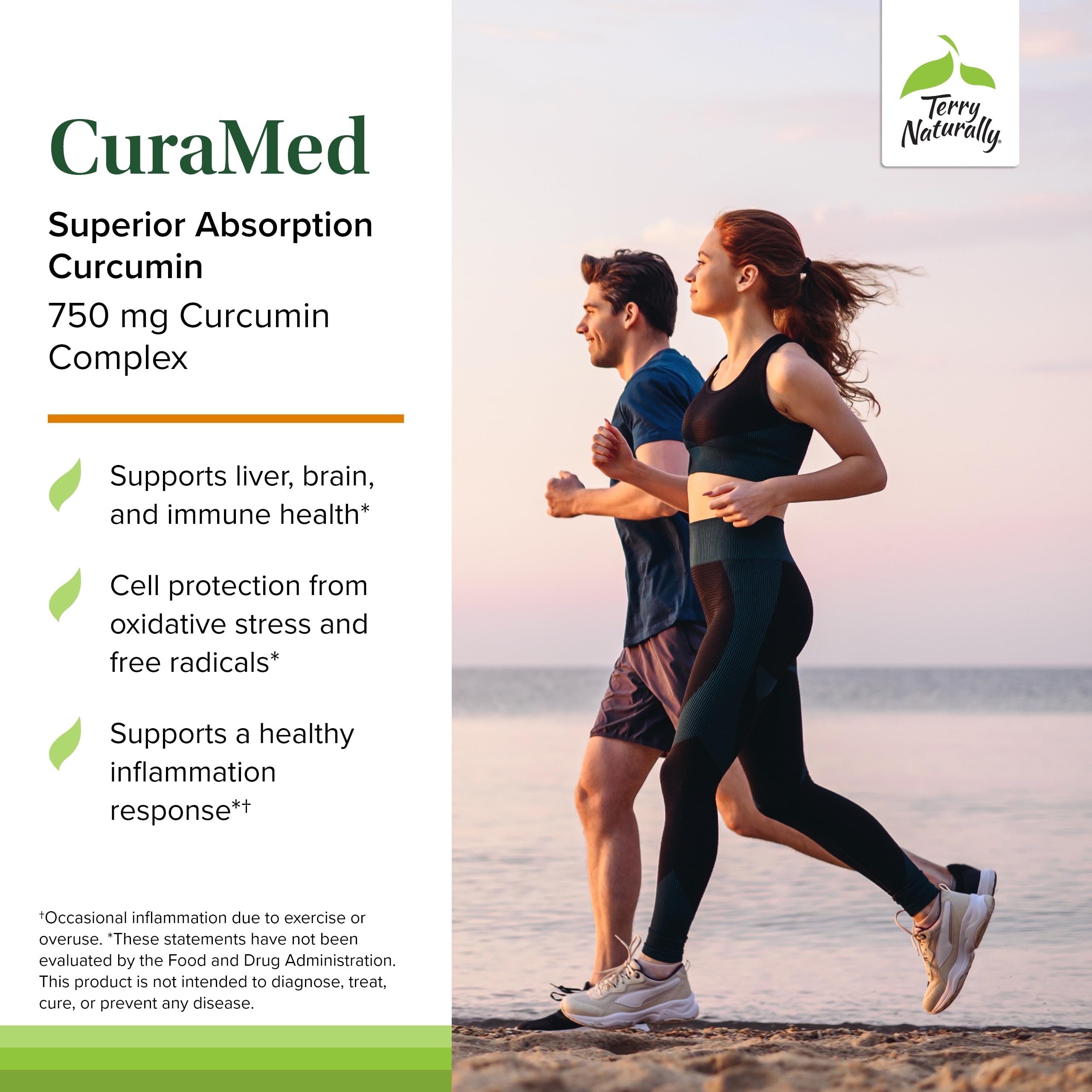 Cápsulas softgel de Terry Naturally CuraMed 750 mg para consumo diario.