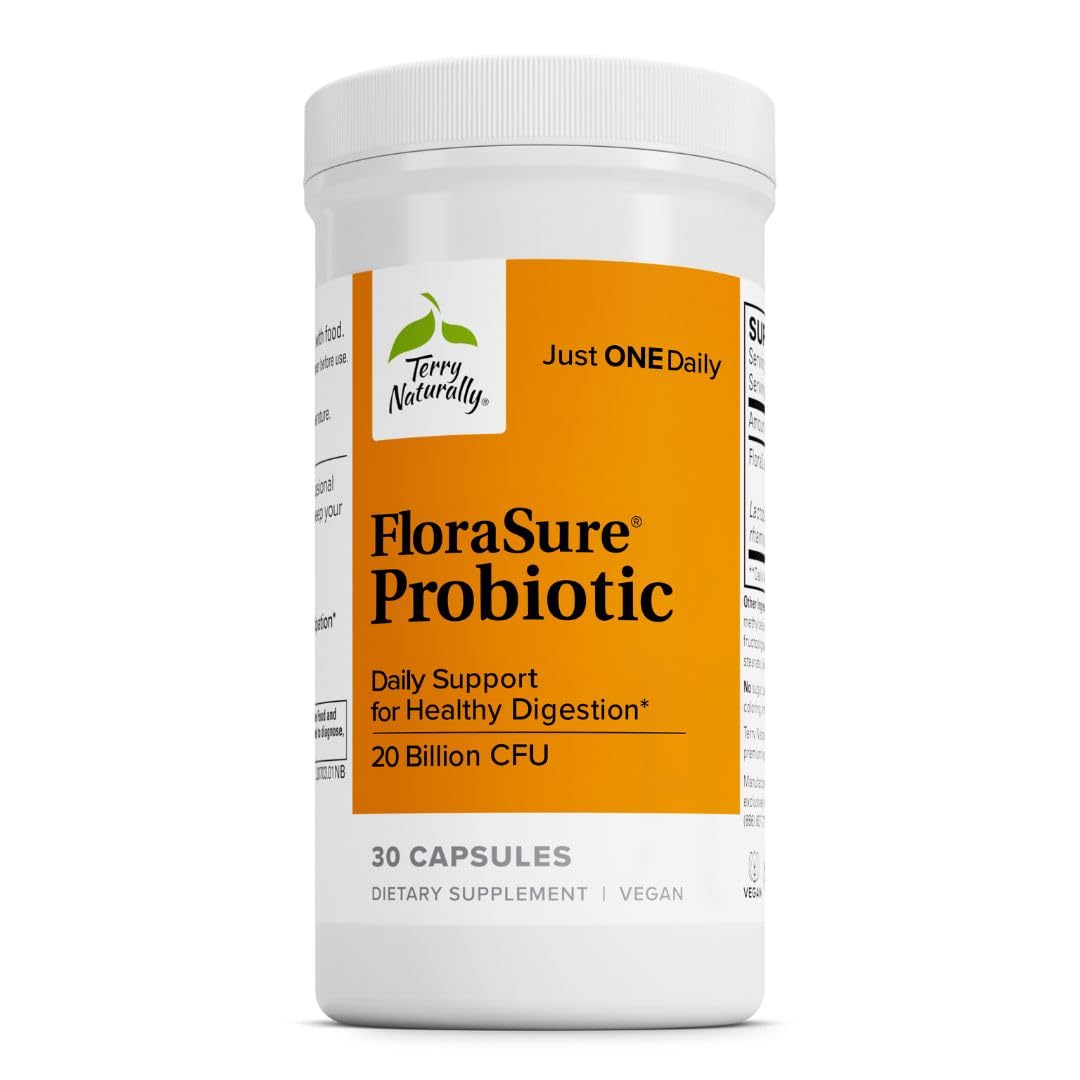 Terry Naturally FloraSure Probiótico en bote frontal para apoyo digestivo suave