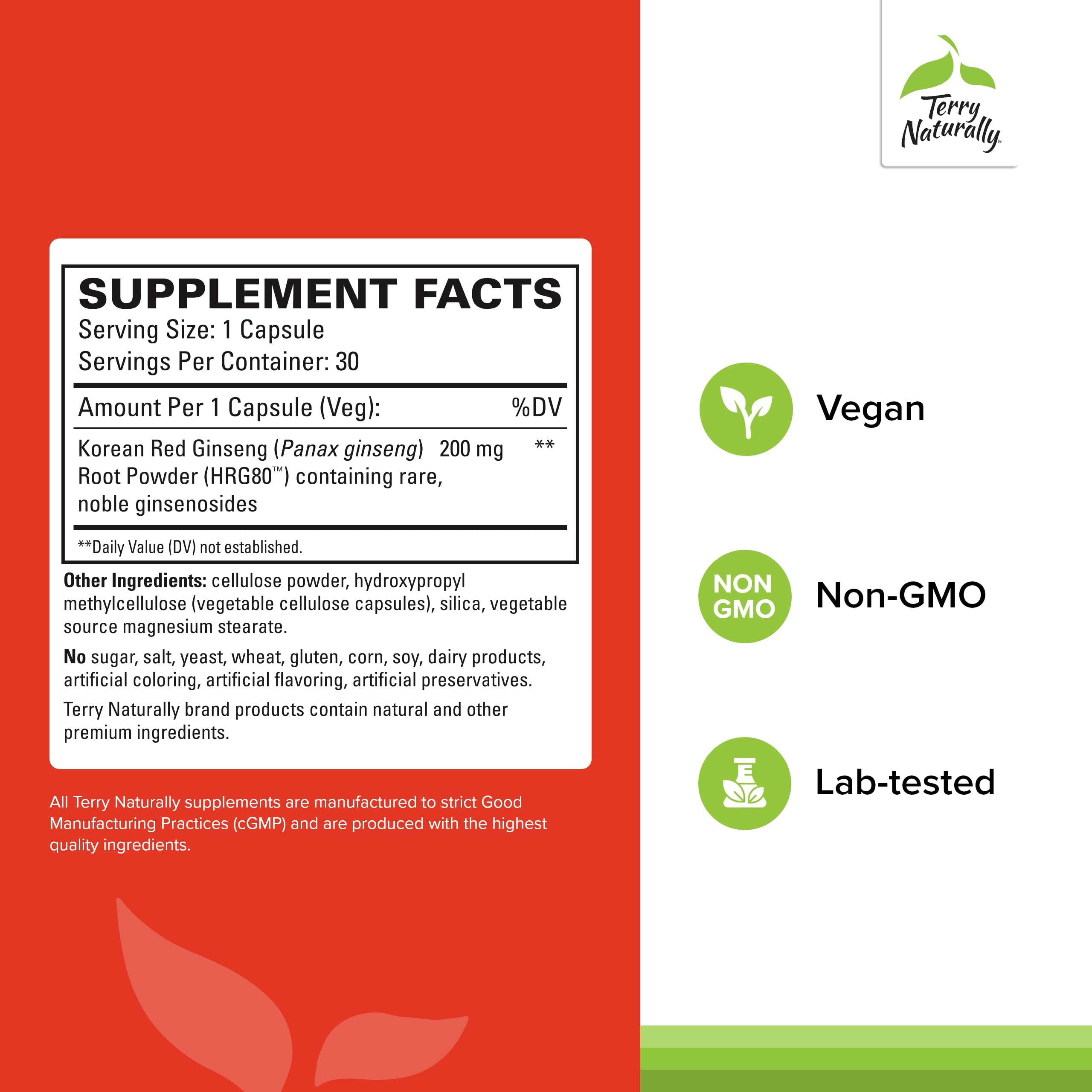 Terry Naturally HRG80 ginseng rojo coreano cápsula para mayor concentración