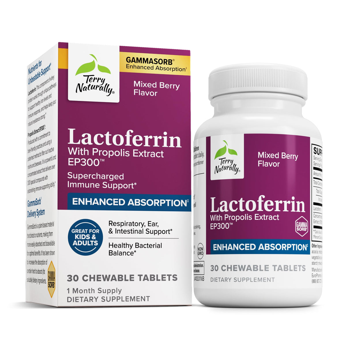 Terry Naturally Lactoferrin Propolis EP300, tabletas frente al frasco para apoyar el sistema inmunitario.