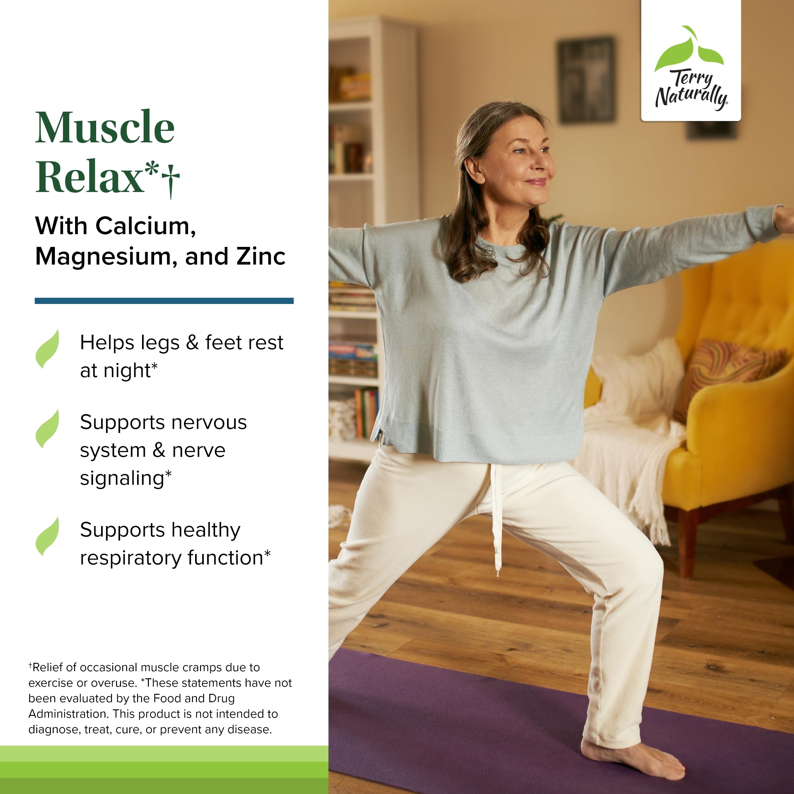 Etiqueta de Terry Naturally Muscle Relax, detalle de ingredientes clave y beneficios.