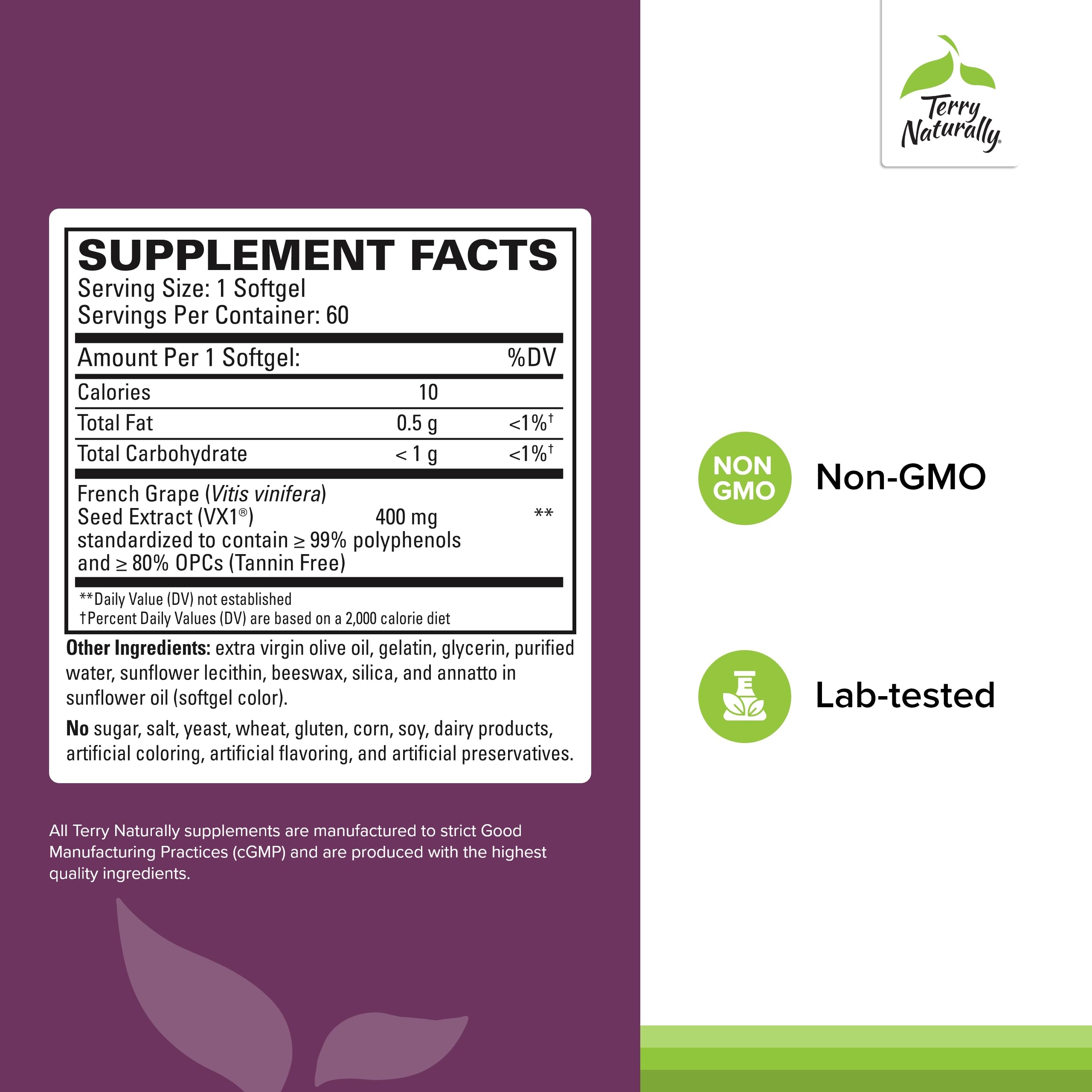 Terry Naturally OPC Extra Strength etiqueta, transparencia de ingredientes y origen del producto.
