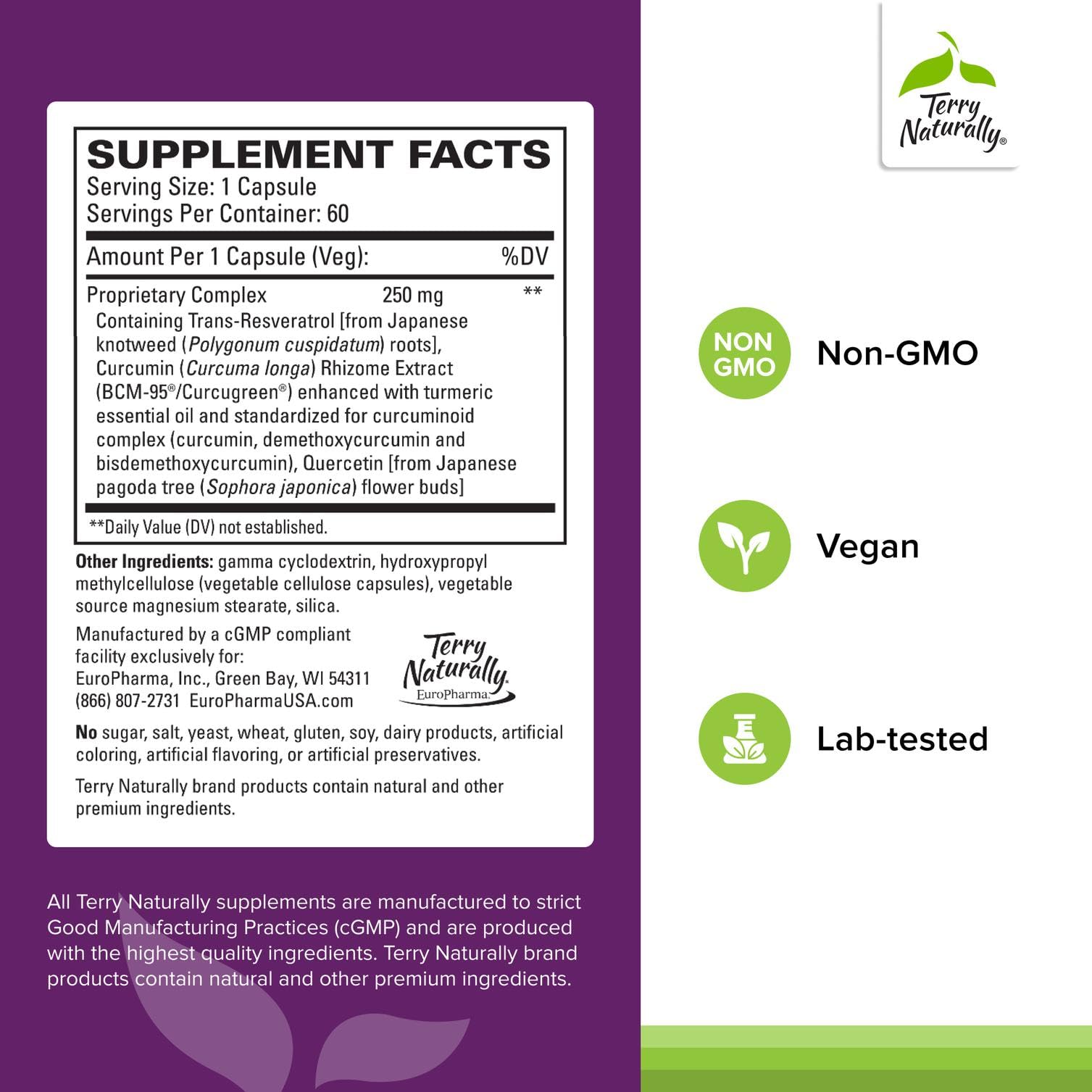 Terry Naturally Resveratrol Complex, etiqueta producto, lectura clara de dosis diaria.