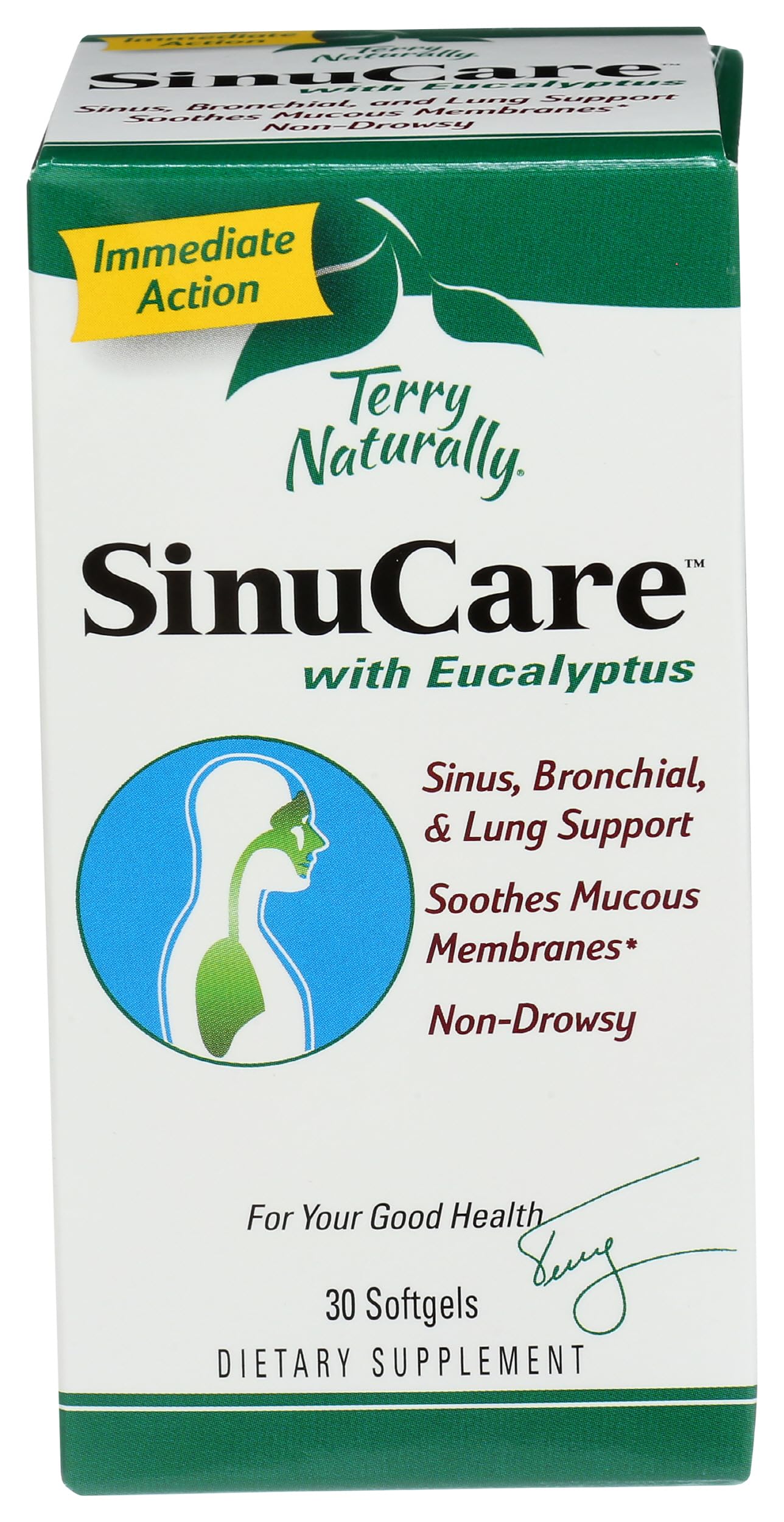 SinuCare de Terry Naturally: botella de cápsulas blandas para apoyo suave de vías respiratorias.