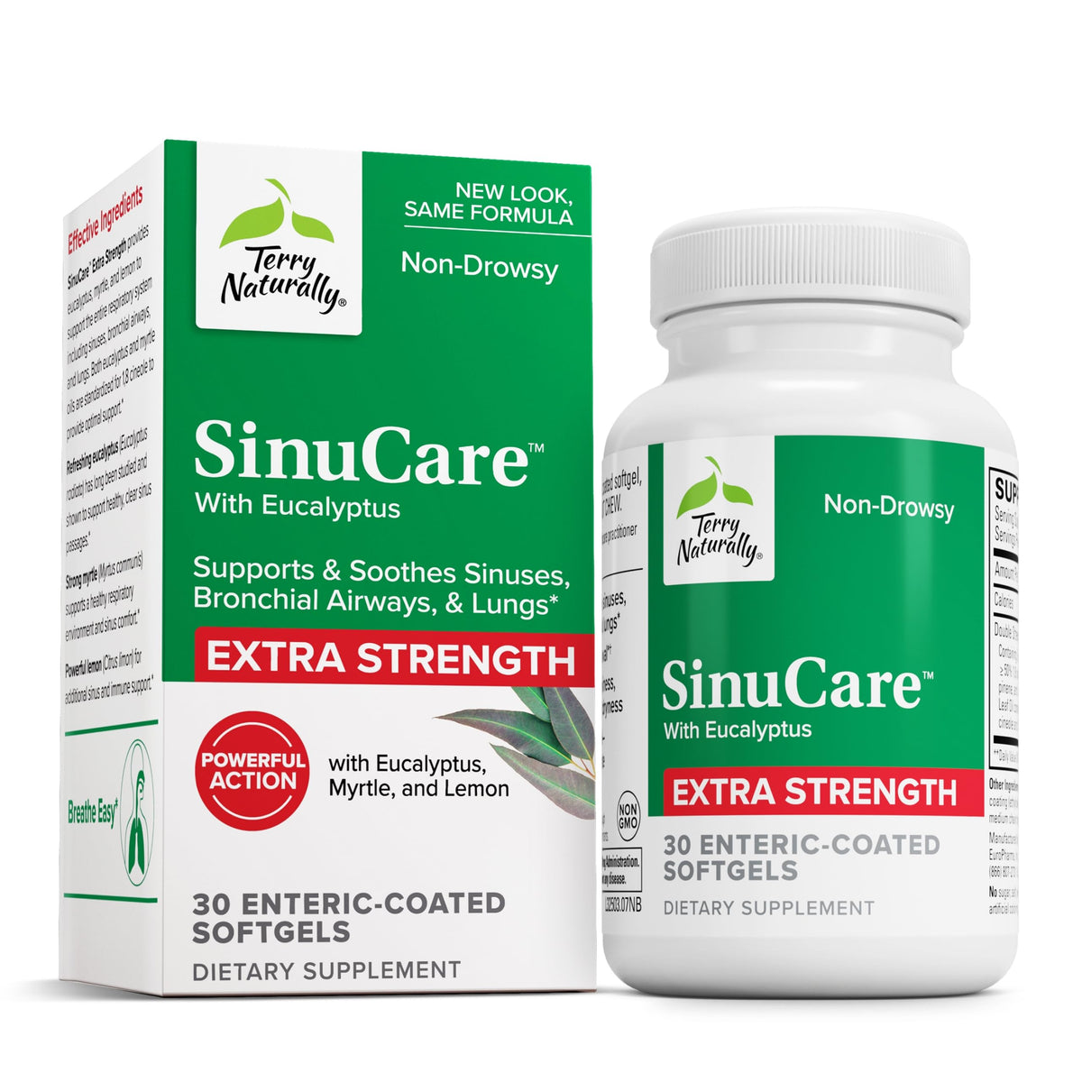 Terry Naturally SinuCare extrafuerte cápsula entérica para comodidad respiratoria.
