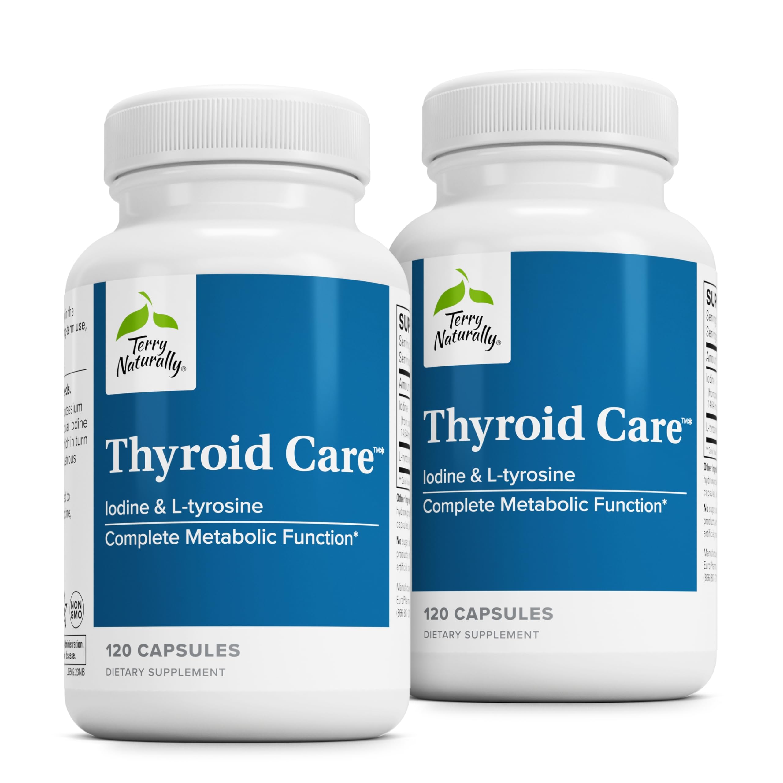 Terry Naturally Thyroid Care: botella con cápsulas para apoyo tiroideo y energía.