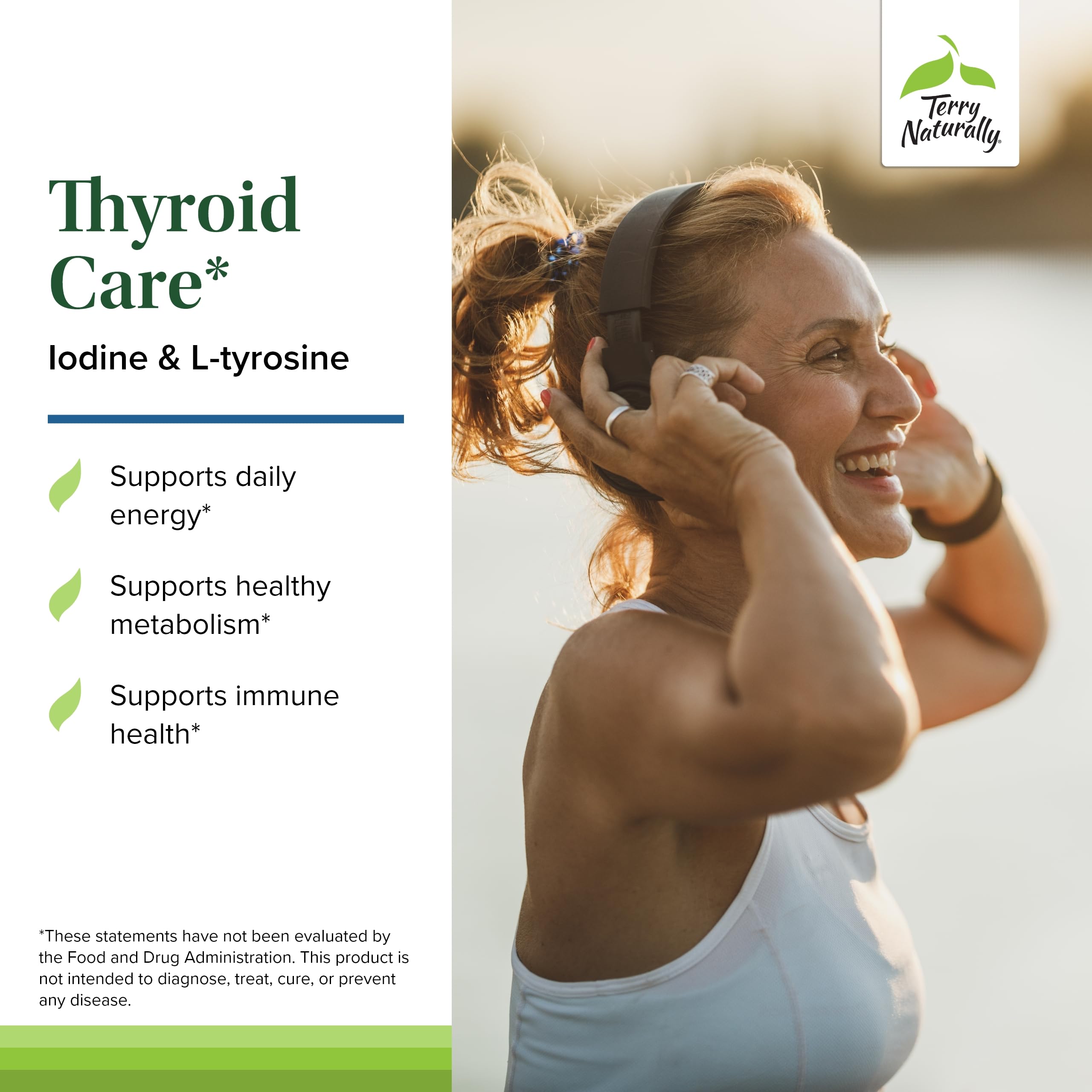Terry Naturally Thyroid Care: etiqueta frontal con yodo y L-tirosina.