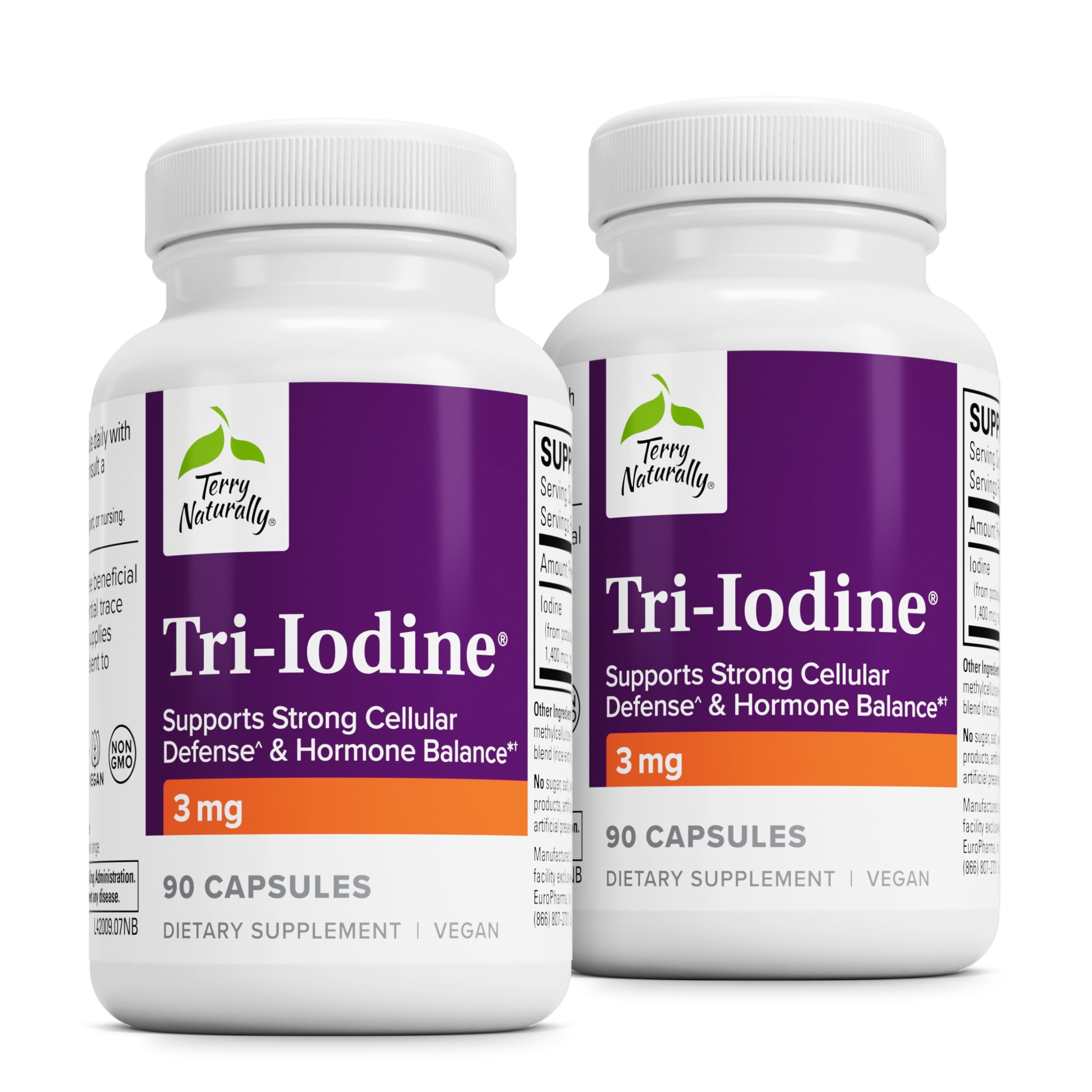 Terry Naturally Tri-Iodine: botella frontal para uso diario y apoyo hormonal.