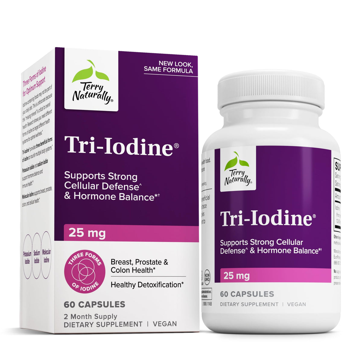 Terry Naturally Tri-Iodine, botella frontal, apoya la función tiroidea de forma equilibrada