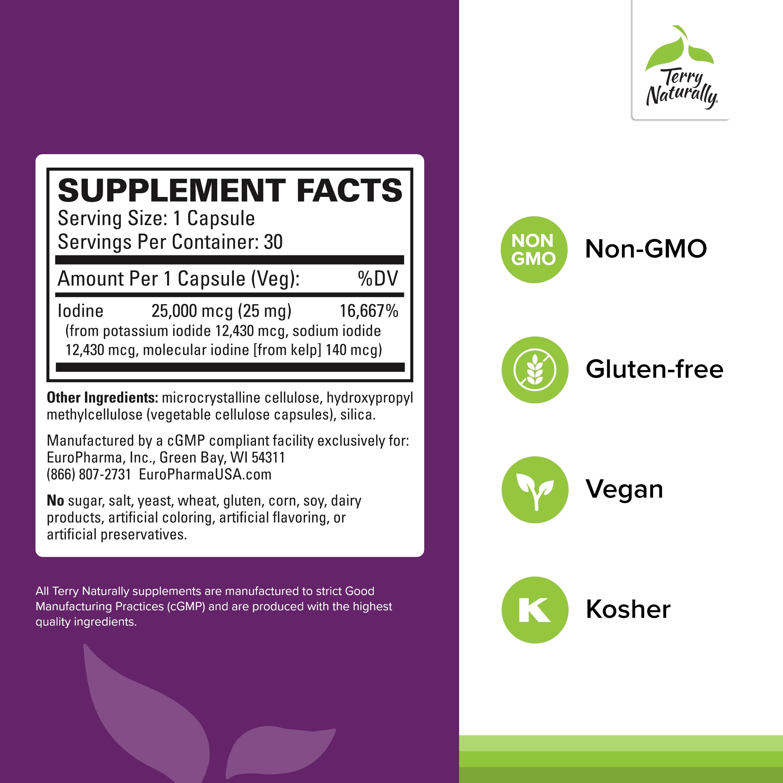 Primer plano de cápsulas veganas de Terry Naturally Tri-Yodo 25 mg para ingesta diaria